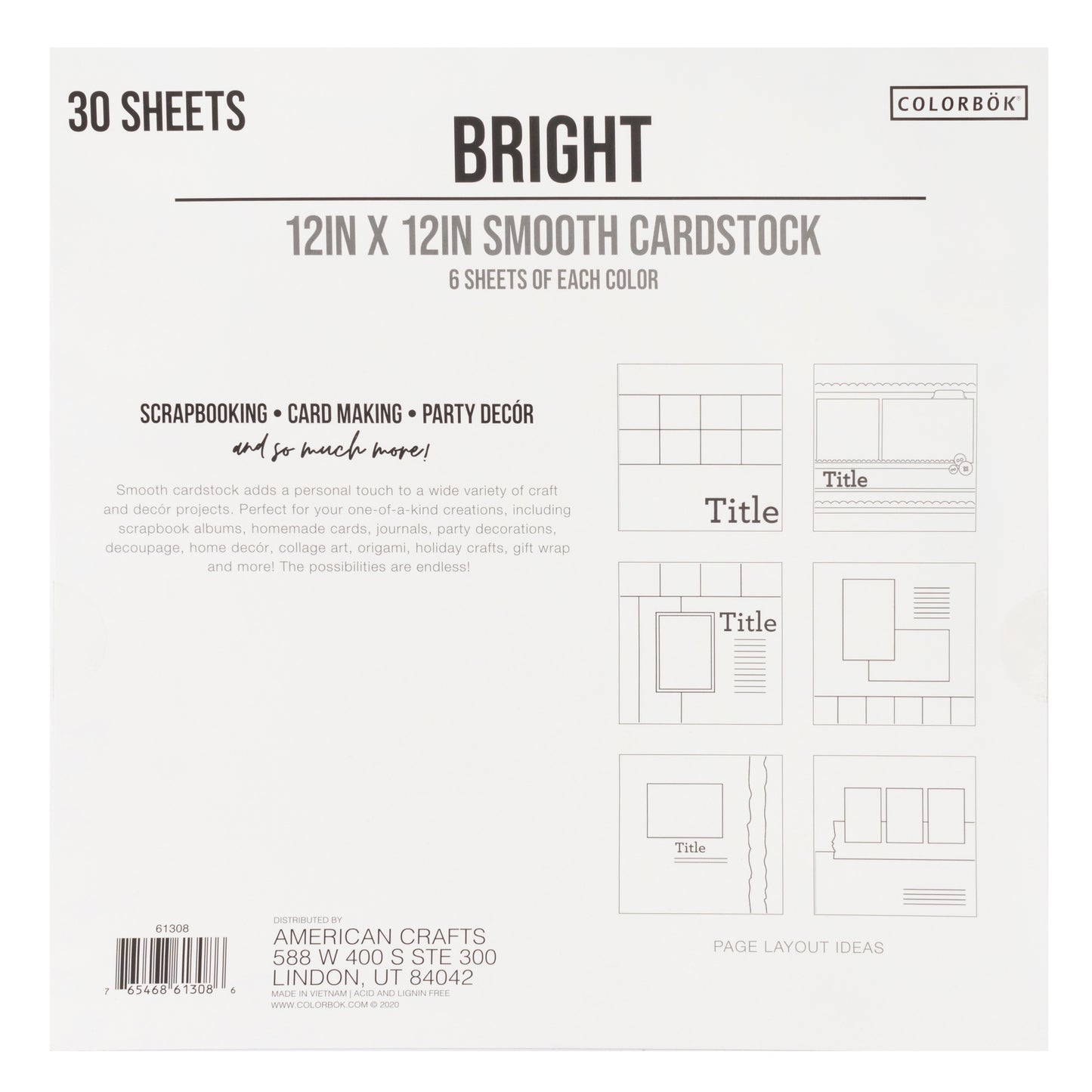 Colorbok 78lb Smooth Cardstock 12"X12" 30/Pkg-Bright, 5 Colors/6 Each
