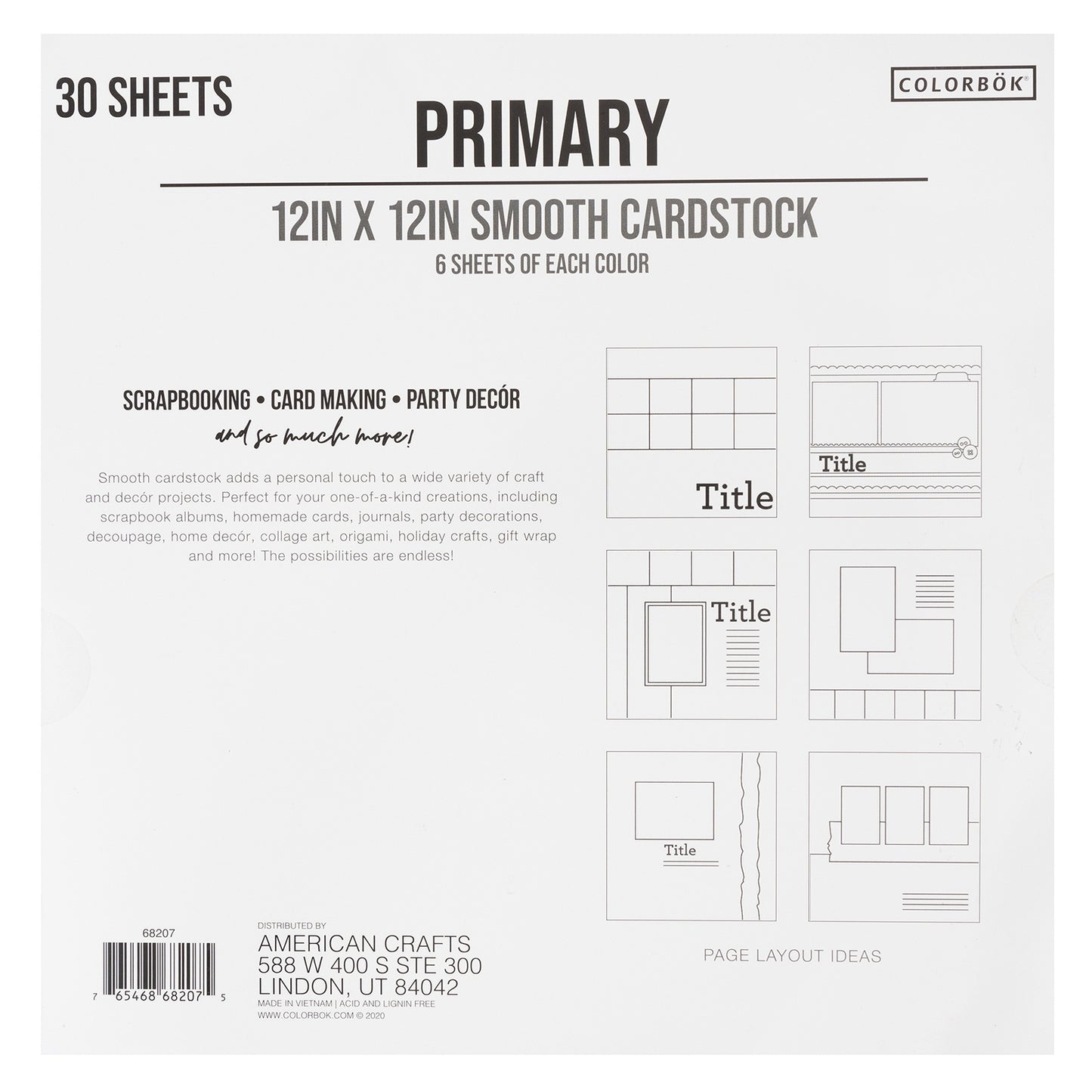 Colorbok 78lb Smooth Cardstock 12"X12" 30/Pkg-Primary, 5 Colors/6 Each