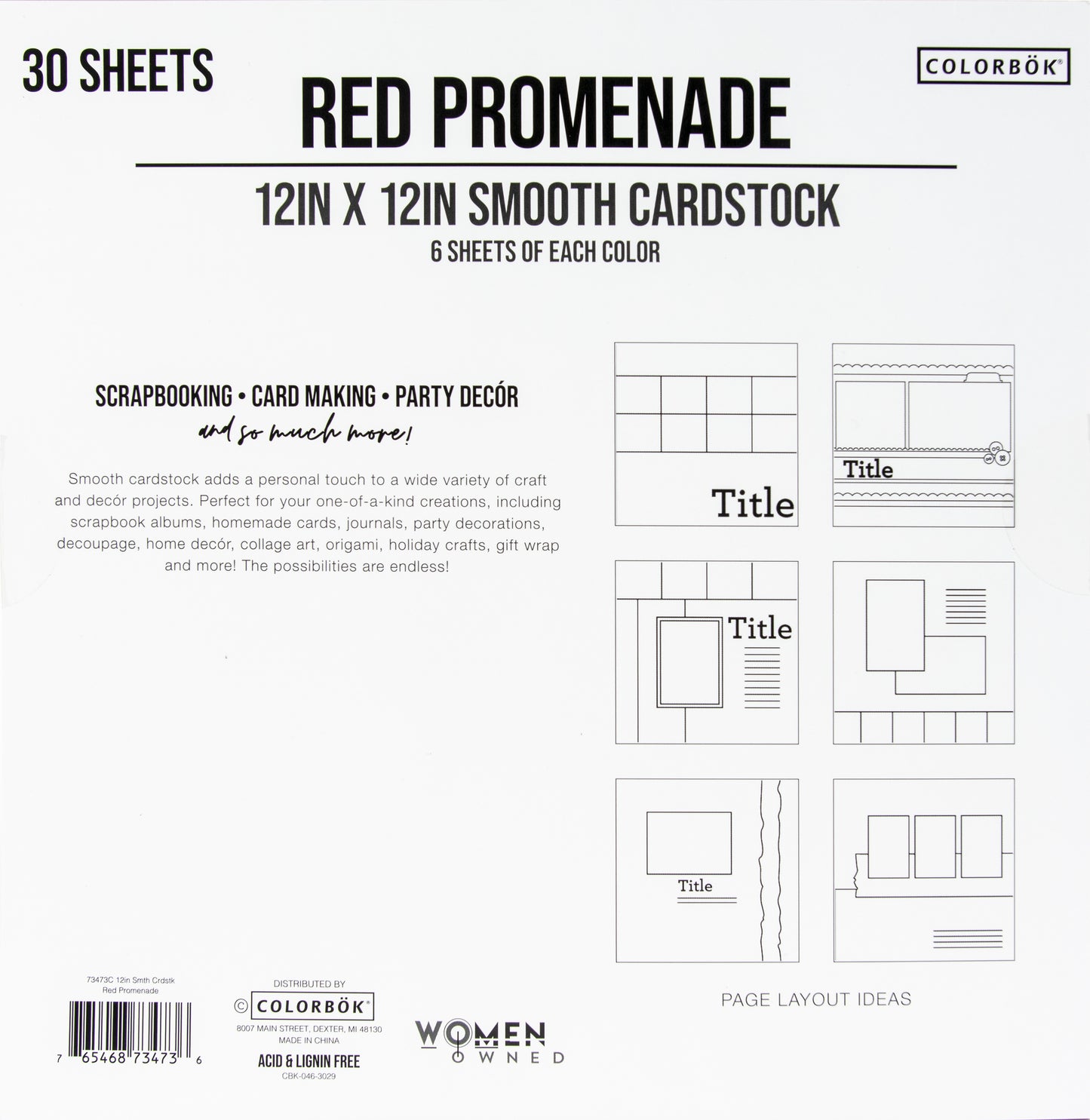Colorbok 78lb Smooth Cardstock 12"X12" 30/Pkg-Red Promenade, 5 Colors/6 Each