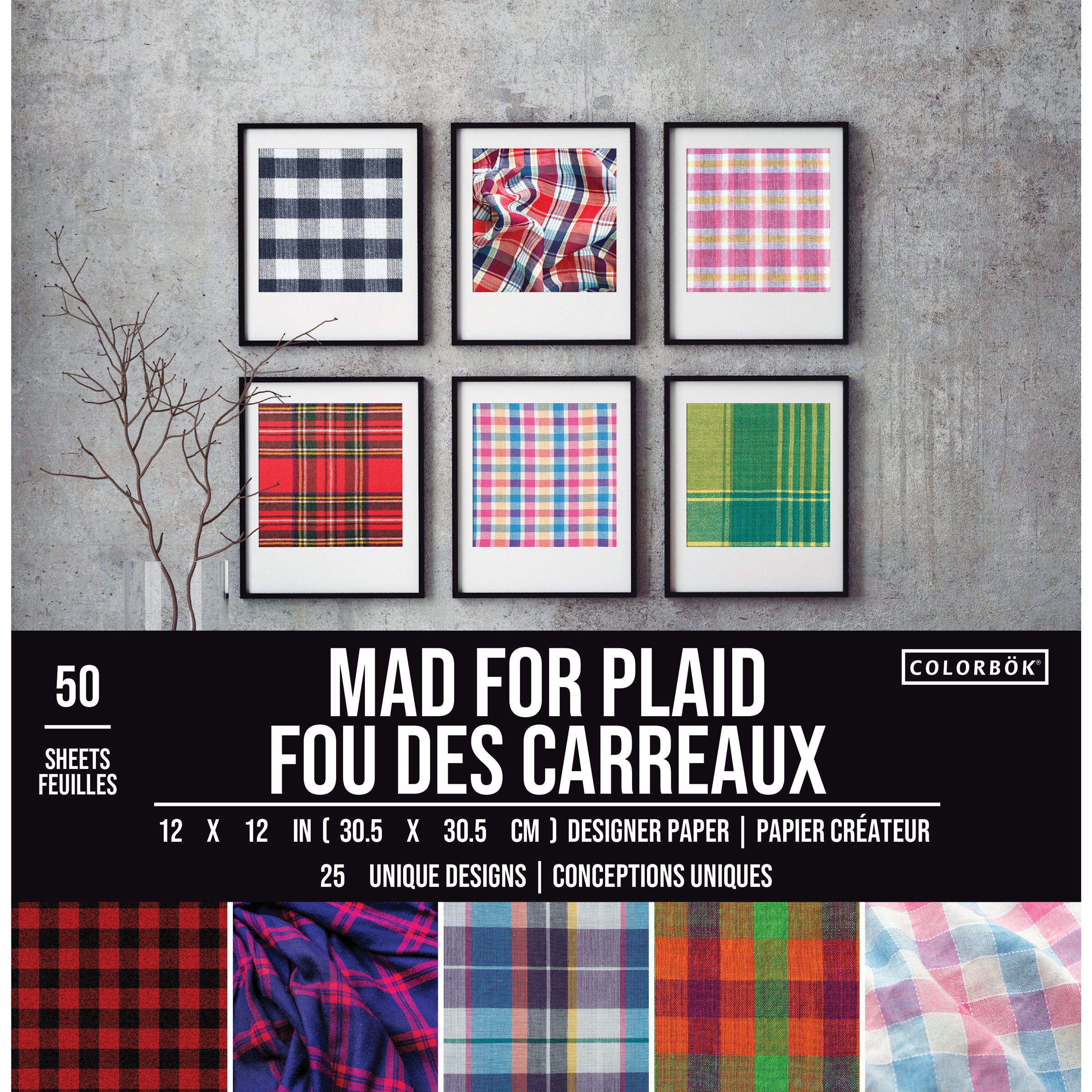 Colorbok 68lb Designer Single-Sided 12x12" Paper - Mad For Plaid, 50 sheets