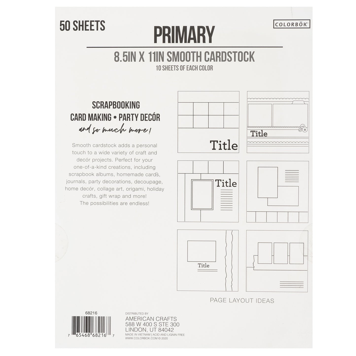 Colorbok 78lb Smooth Cardstock 8.5"X11" 50/Pkg-Primary, 5 Colors/10 Each