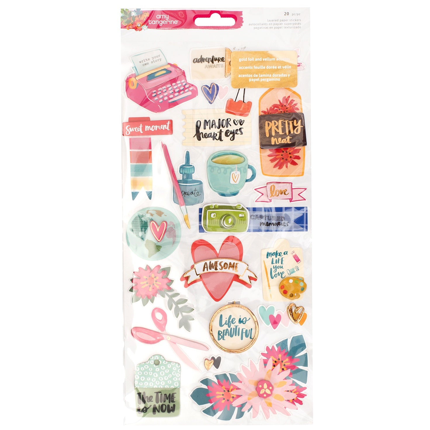 Amy Tangerine Hustle & Heart Layered Paper Stickers with Gold Foil, 20 pcs