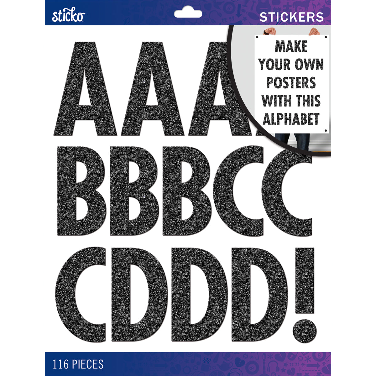 Sticko Alphabet Stickers - Black Glitter Futura Regular XL, 116 pieces