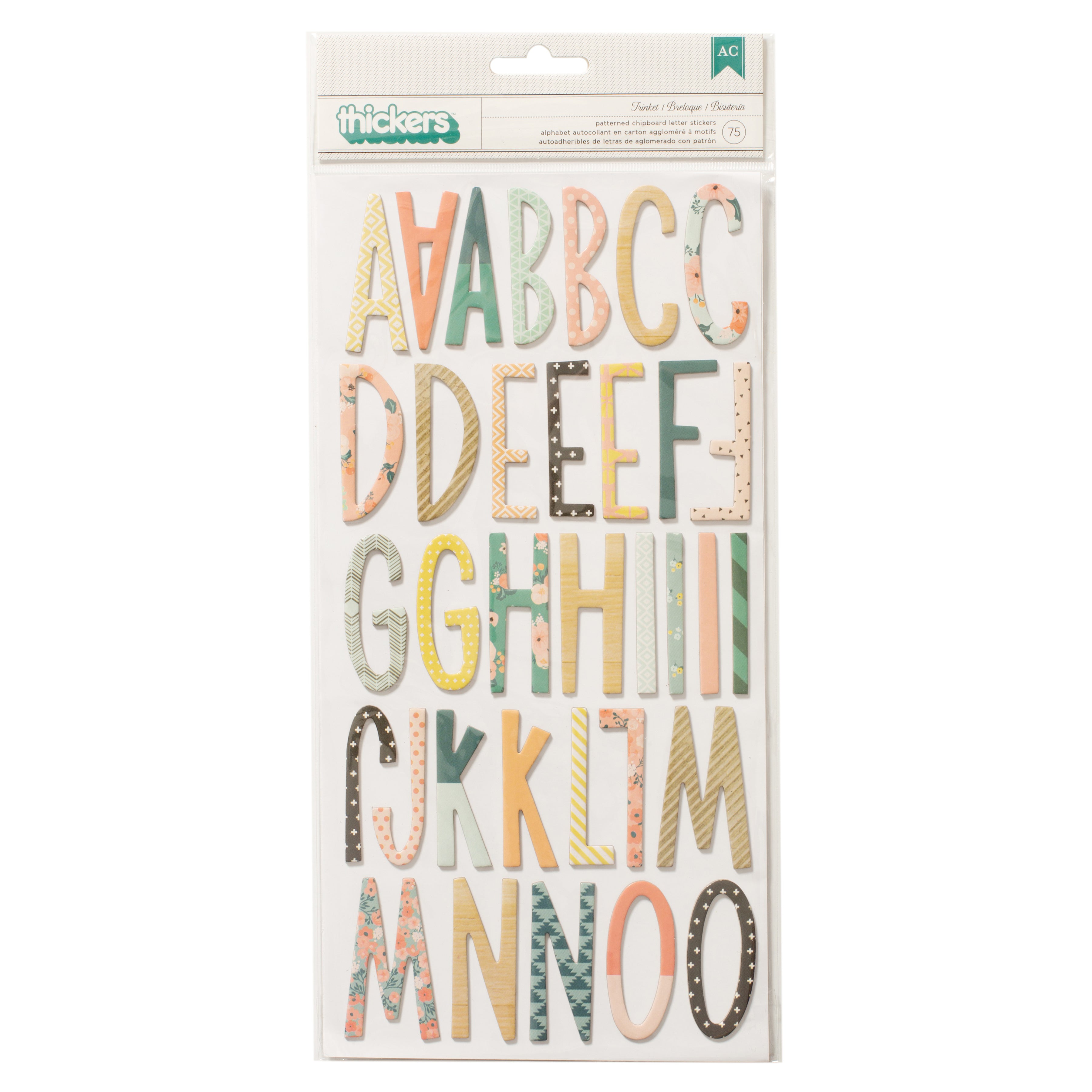 American Crafts Wonder Thickers - Trinket Patterned Alpha, 75 stickers