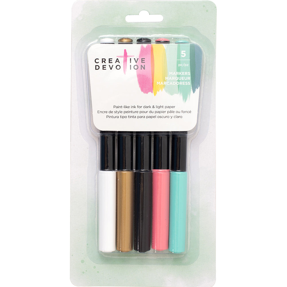 Creative Devotion Opaque Medium Tip Markers 5/Pkg-White, Gold, Black, Pink & Mint