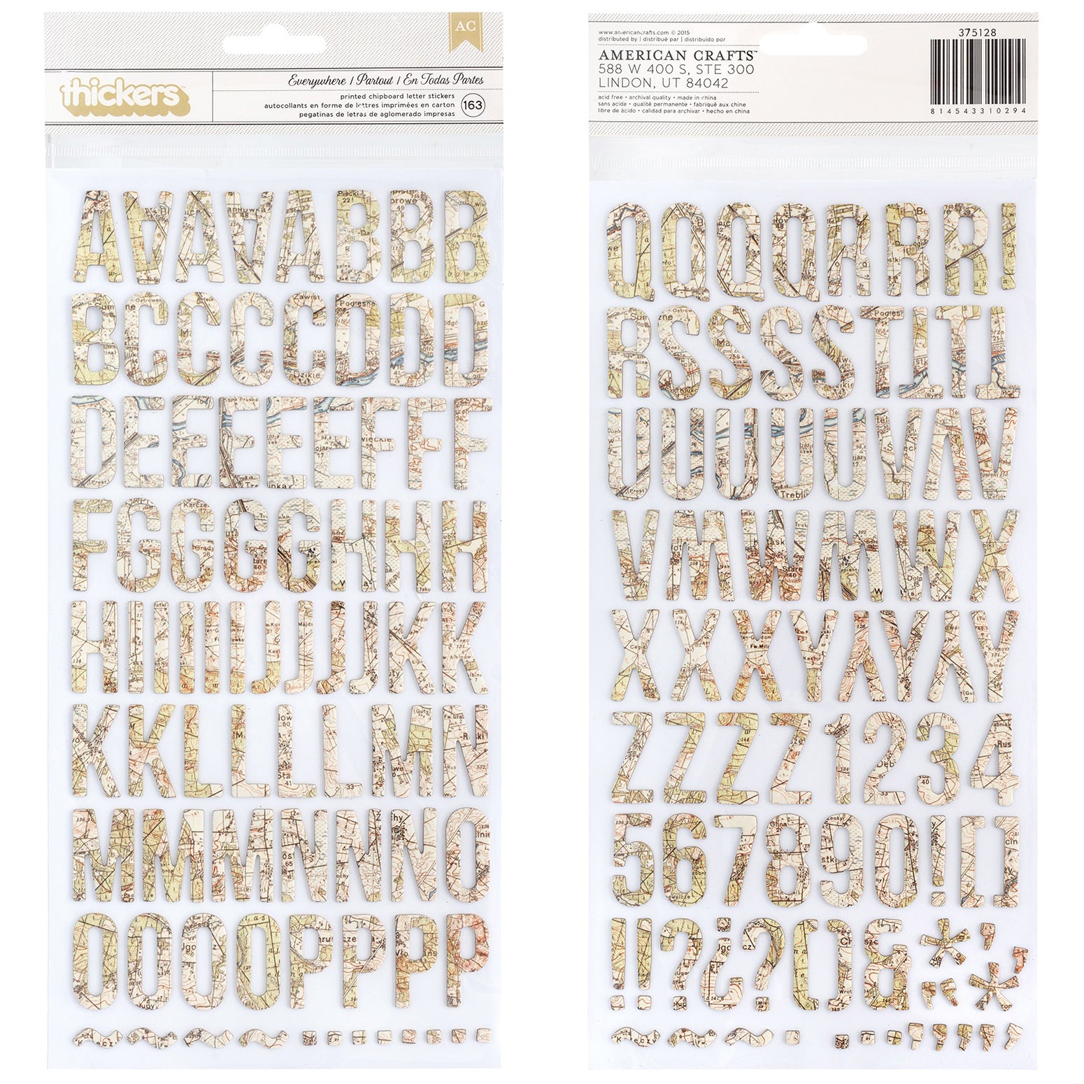 American Crafts Thickers Everywhere Map Printed Alphabet Stickers, 163 pcs