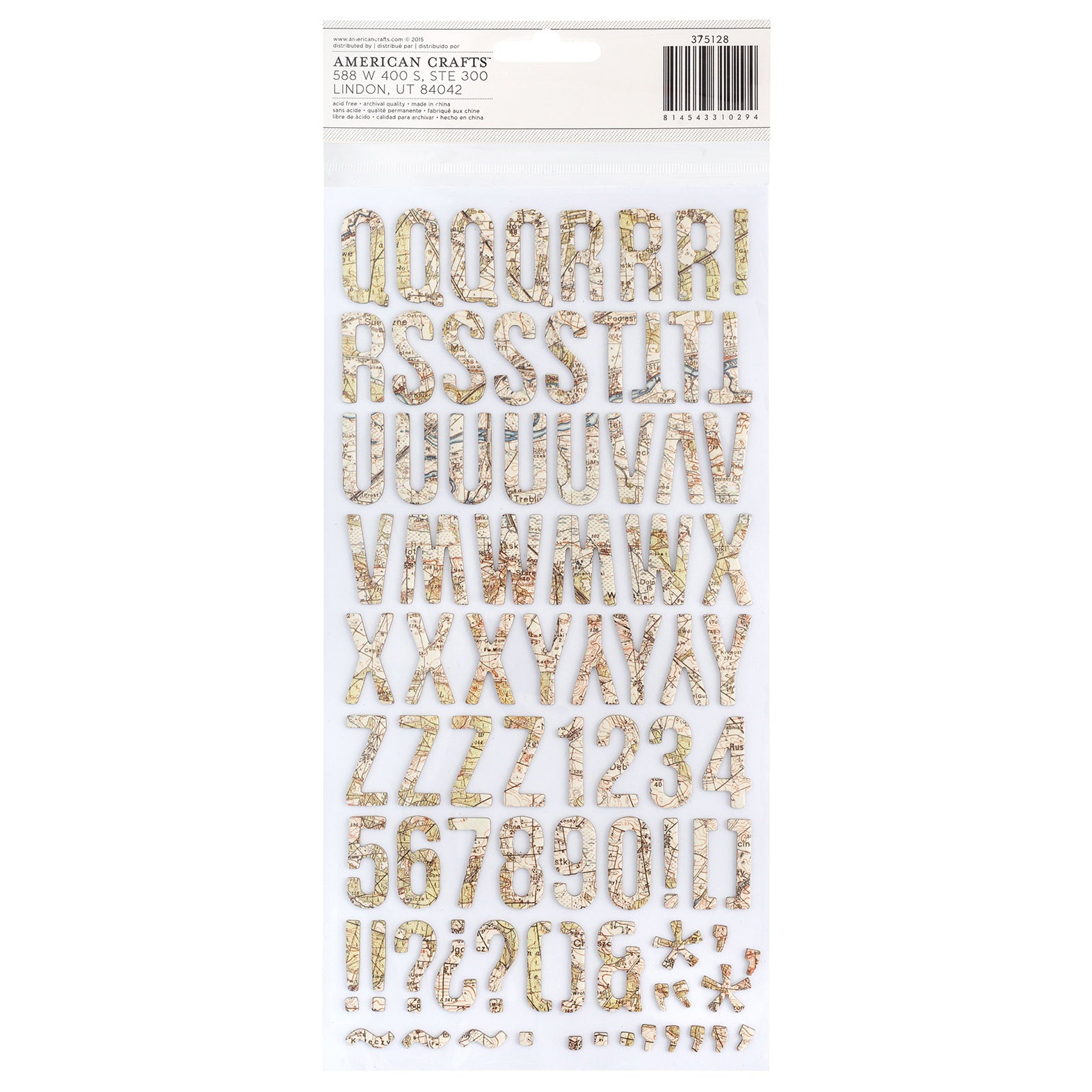 American Crafts Thickers Everywhere Map Printed Alphabet Stickers, 163 pcs