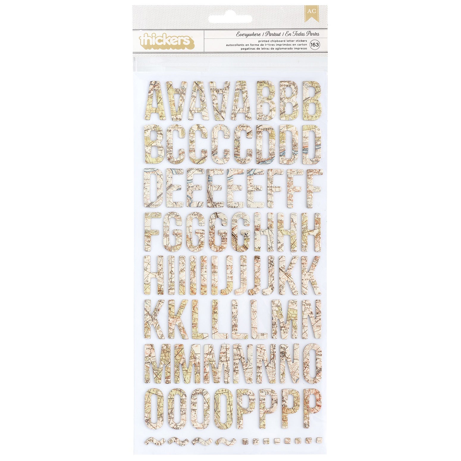 American Crafts Thickers Everywhere Map Printed Alphabet Stickers, 163 pcs