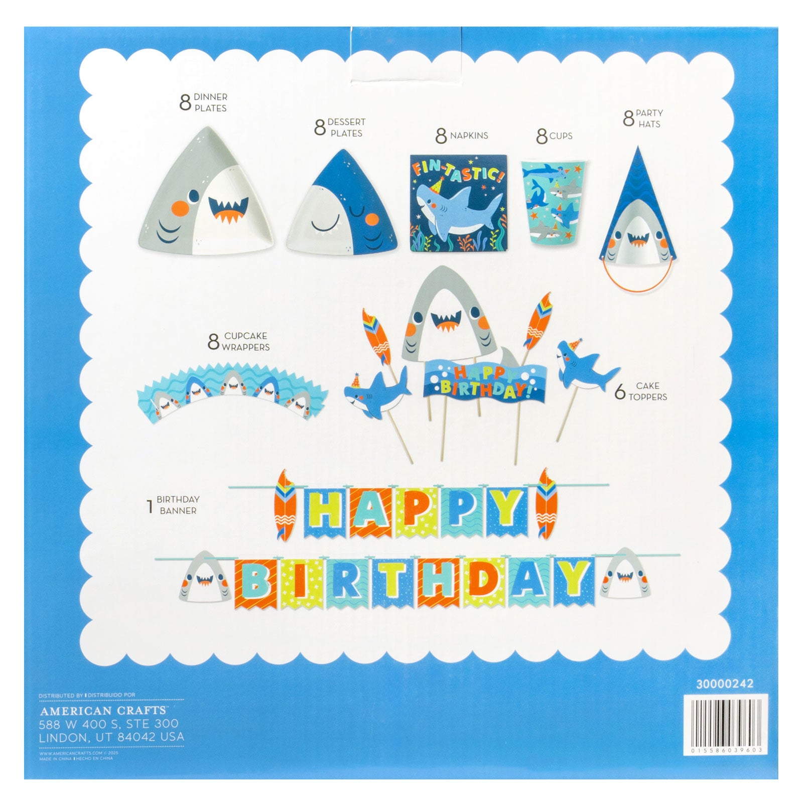 Back of packaging for AC Sweetshop Party Like A Shark Party in a Box Kit