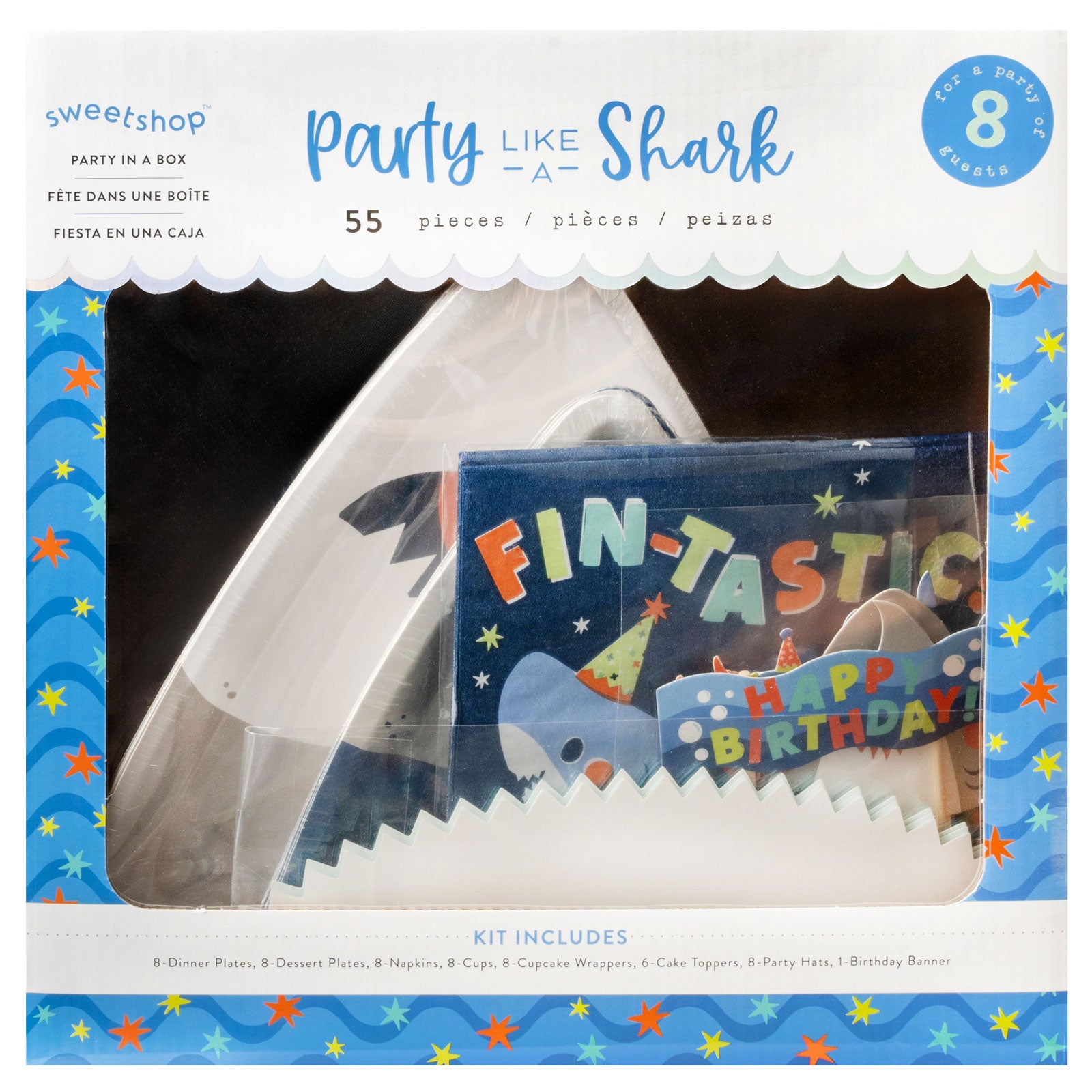 Front of packaging for AC Sweetshop Party Like A Shark Party in a Box Kit