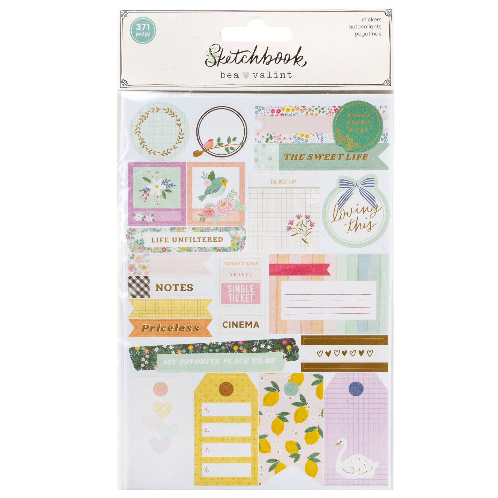 American Crafts Sketchbook Bea Valint Sticker Book with Gold Foil - 371 Piece