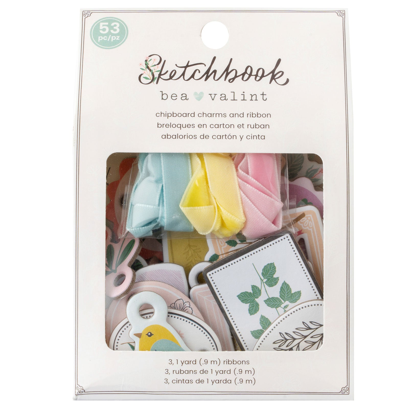 American Crafts Sketchbook Bea Valint Chipboard Charms and Ribbon - 53 Piece