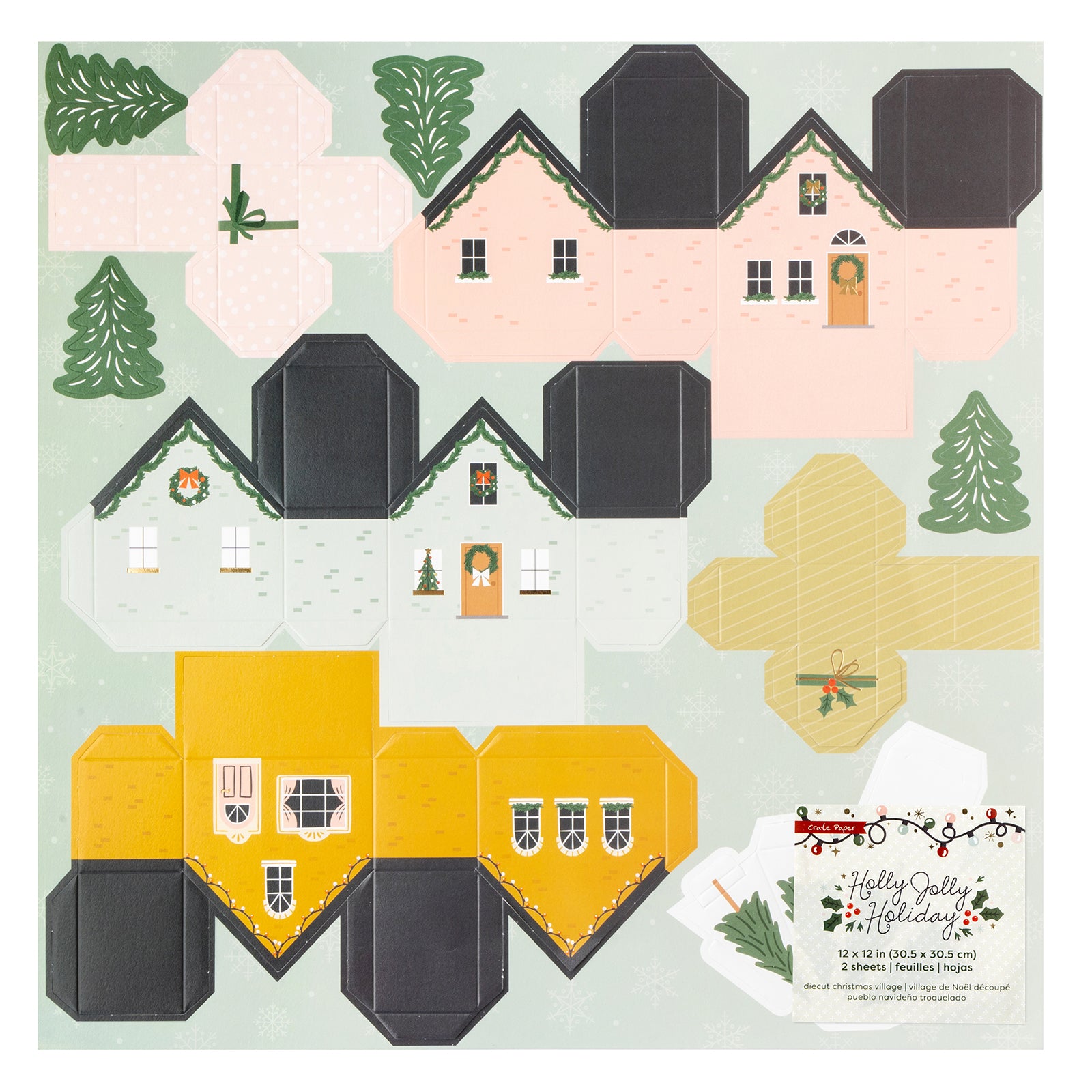 Front of packaging for Crate Paper Holly Jolly Holiday Village 12 x 12 Cardstock Specialty Paper - 15 Pack