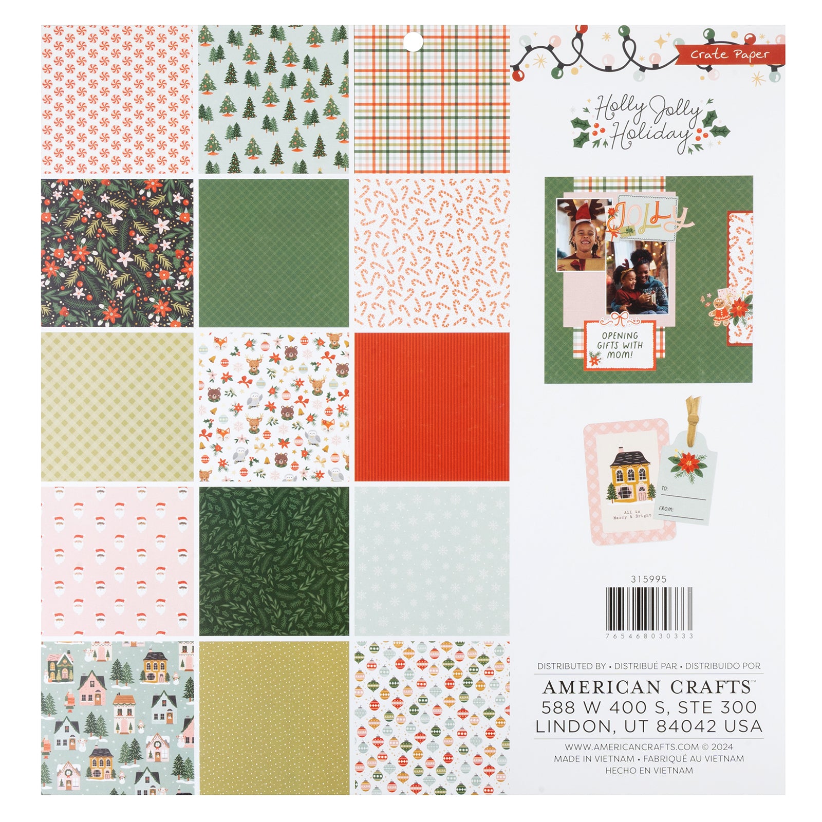 Back of packaging for Crate Paper Holly Jolly 12 x 12 Paper Pad