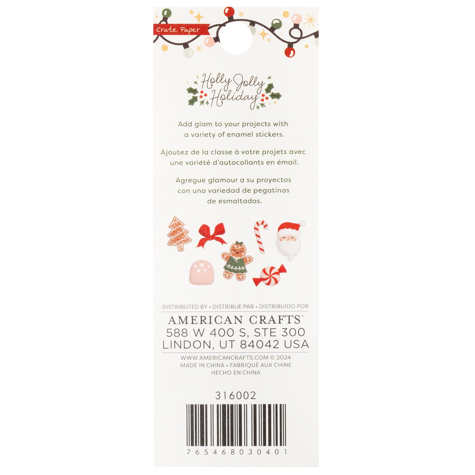 Back of packaging for Crate Paper Holly Jolly Holiday Enamel Dot Stickers - 58 Pack