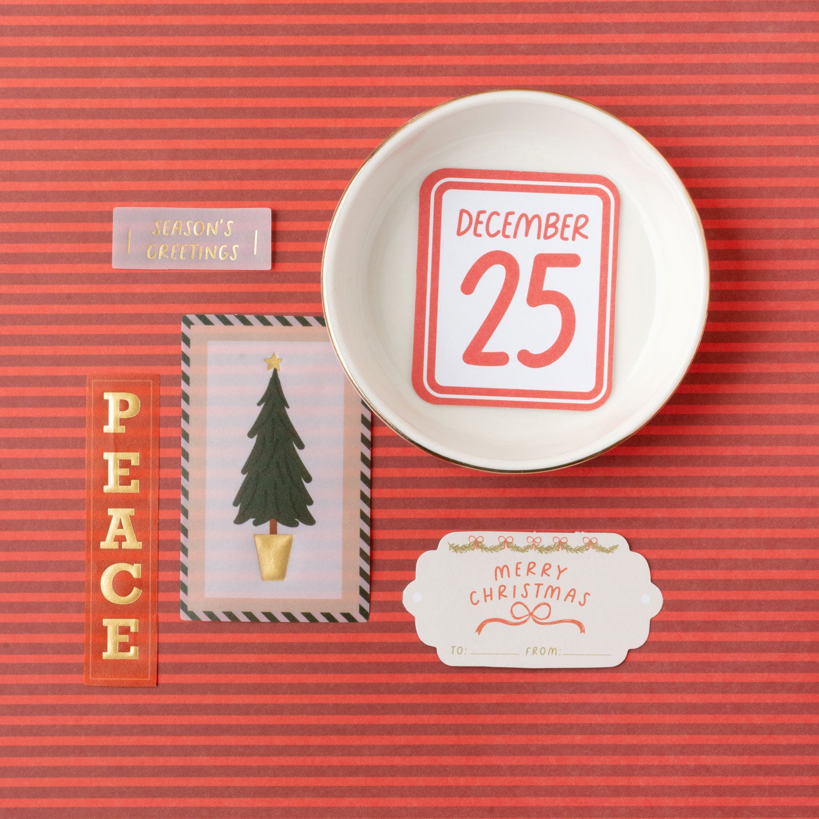 Crate Paper Holly Jolly Holiday Journaling  Ephemera Set - 53 Pack on red striped background