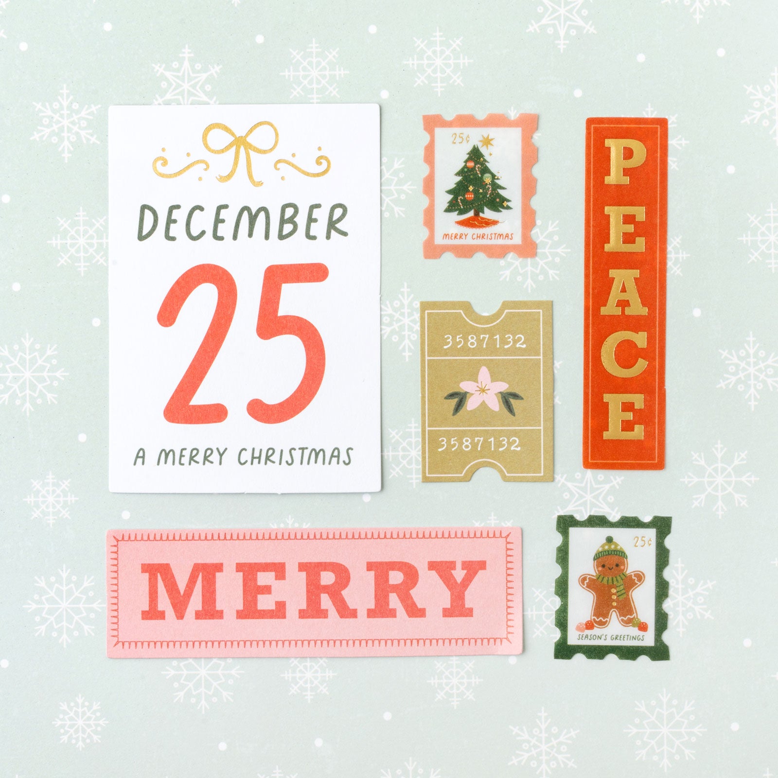 Crate Paper Holly Jolly Holiday Journaling  Ephemera Set on light blue snowflaked background