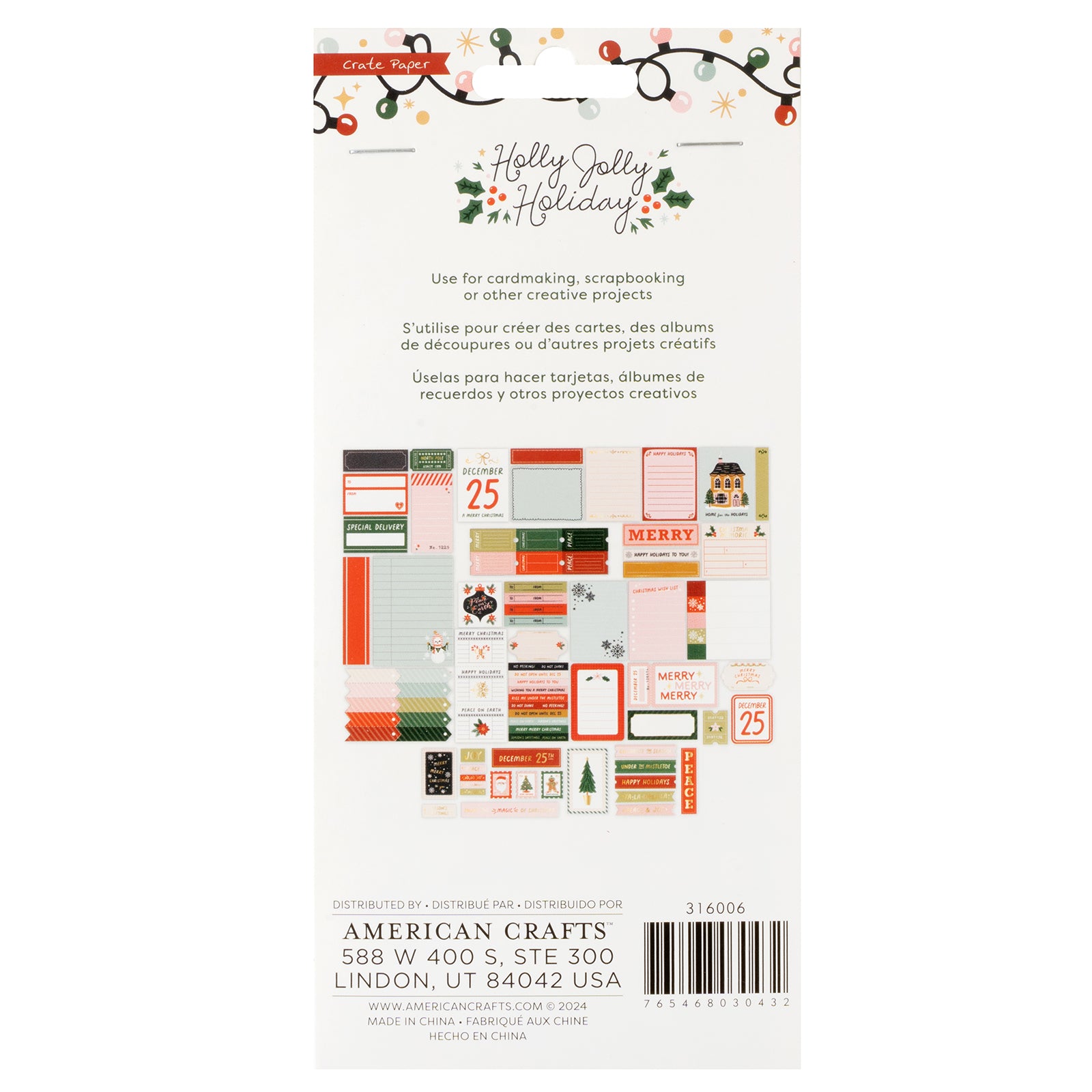 Back of packaging for Crate Paper Holly Jolly Holiday Journaling  Ephemera Set - 53 Pack