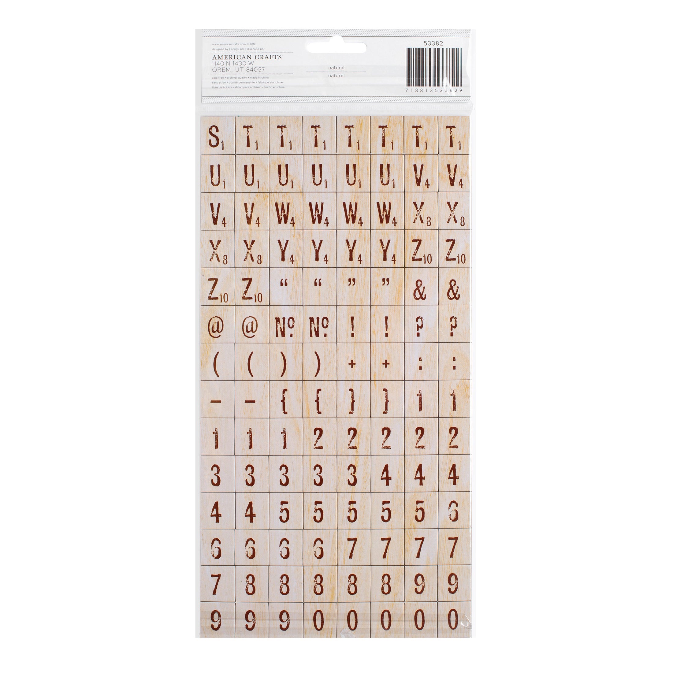 American Crafts Chipboard Alphabet Stickers - Letter Tiles - Natural Wood, 224 Pieces