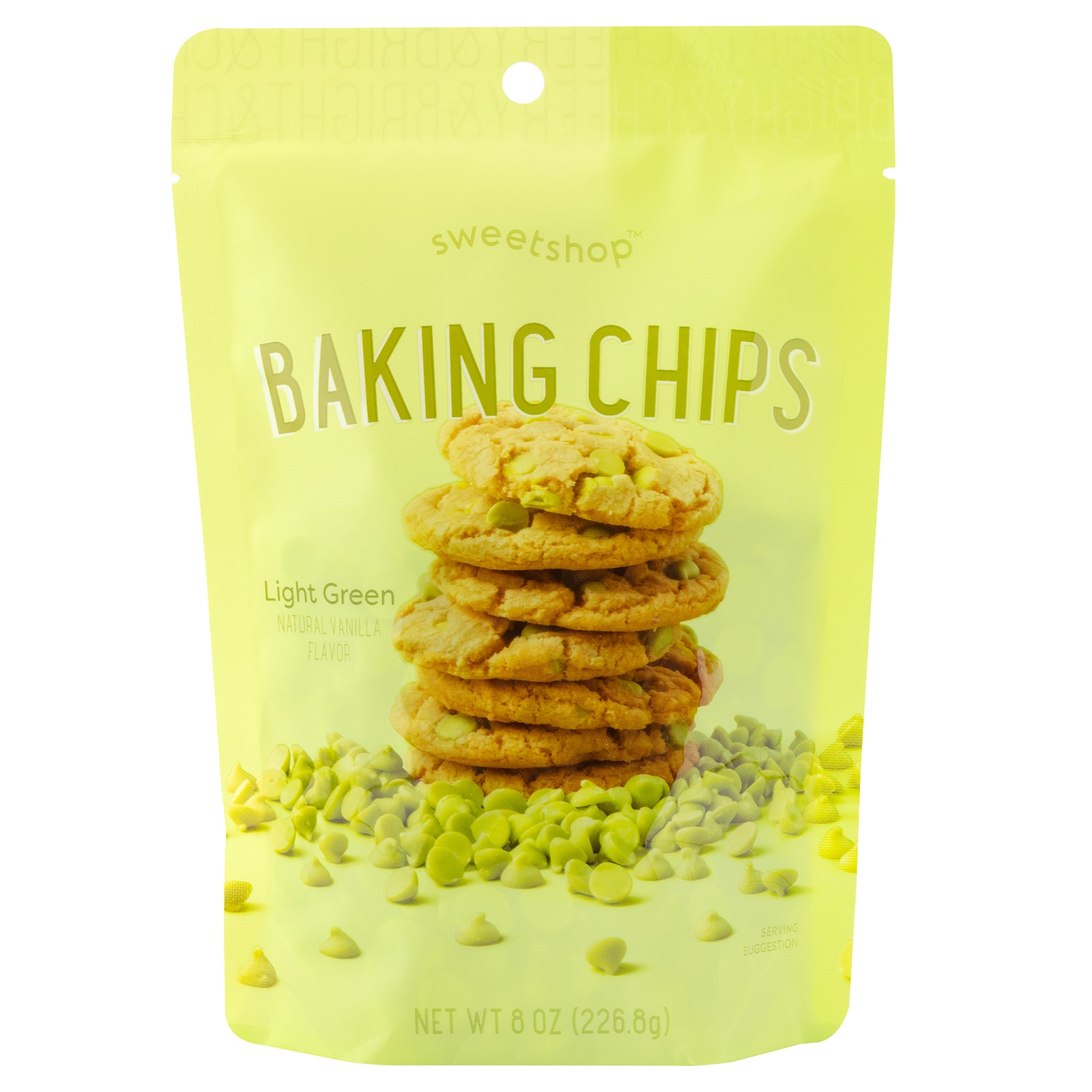 Front of packaging for AC Sweetshop 8 oz Light Green Baking Chips