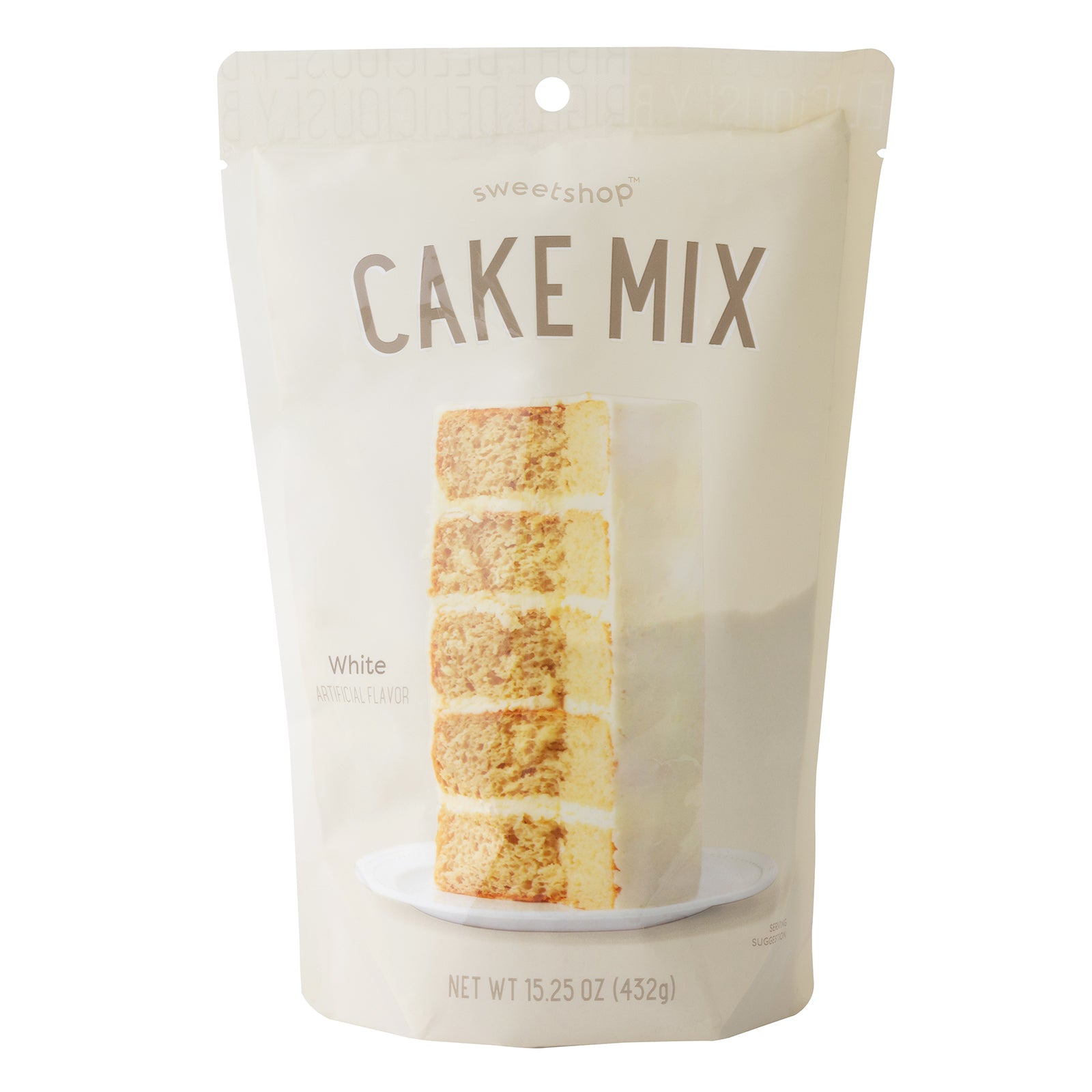 Front of packaging for Sweetshop 15.25 oz White Cake Mix