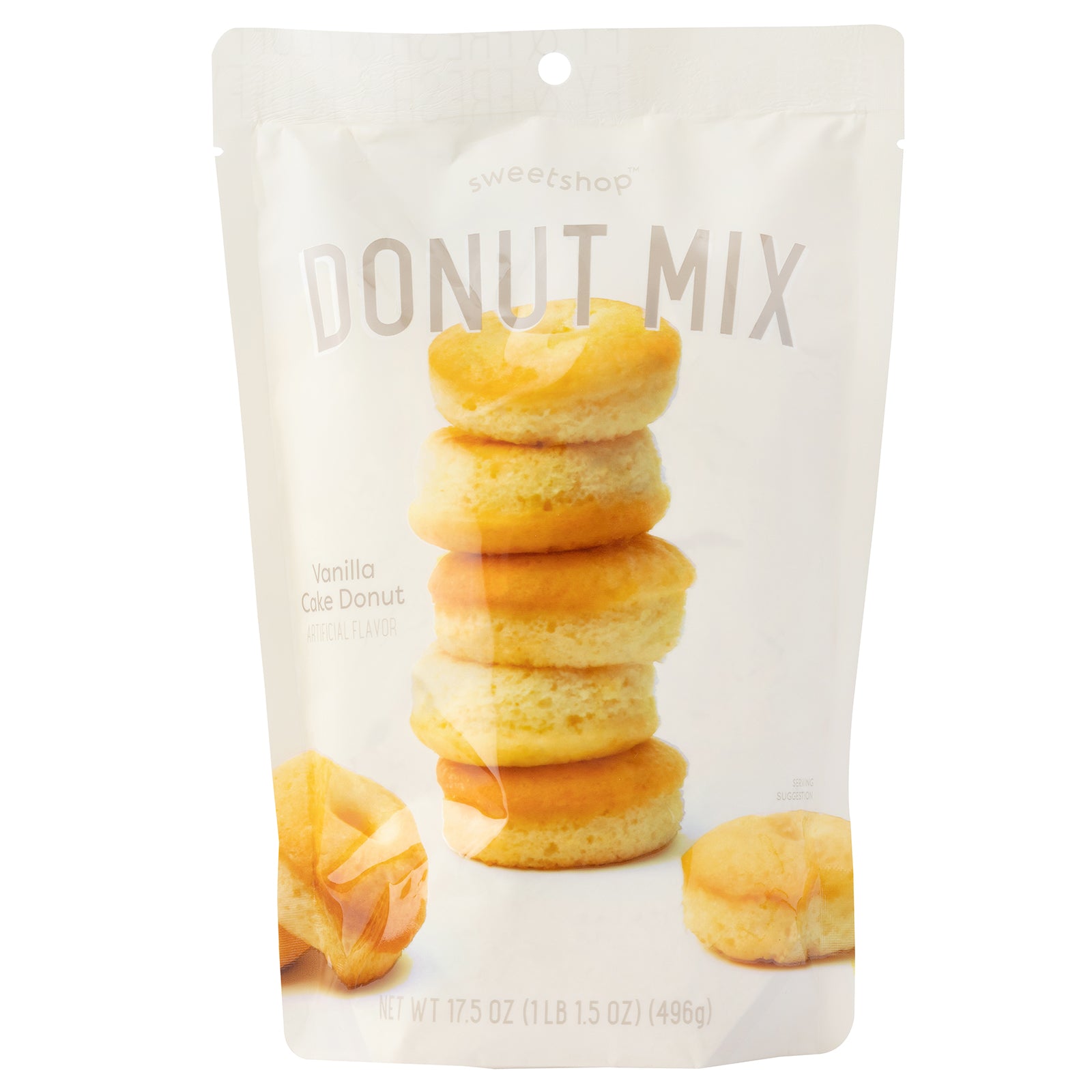 Front of packaging for Sweetshop 17.5 oz Vanilla Cake Donut Mix