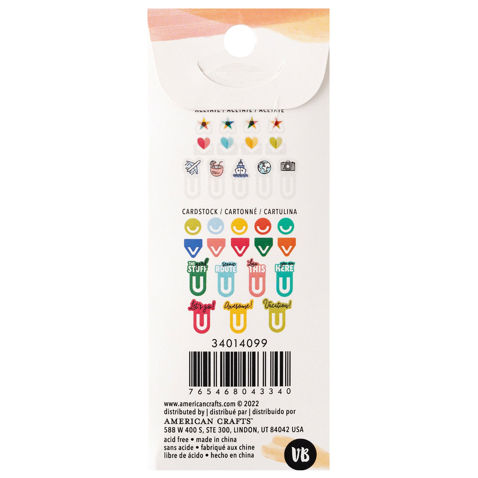 Back of packaging for Vicki Boutin Where to Next Die-Cut Paper Clips - 30 Piece