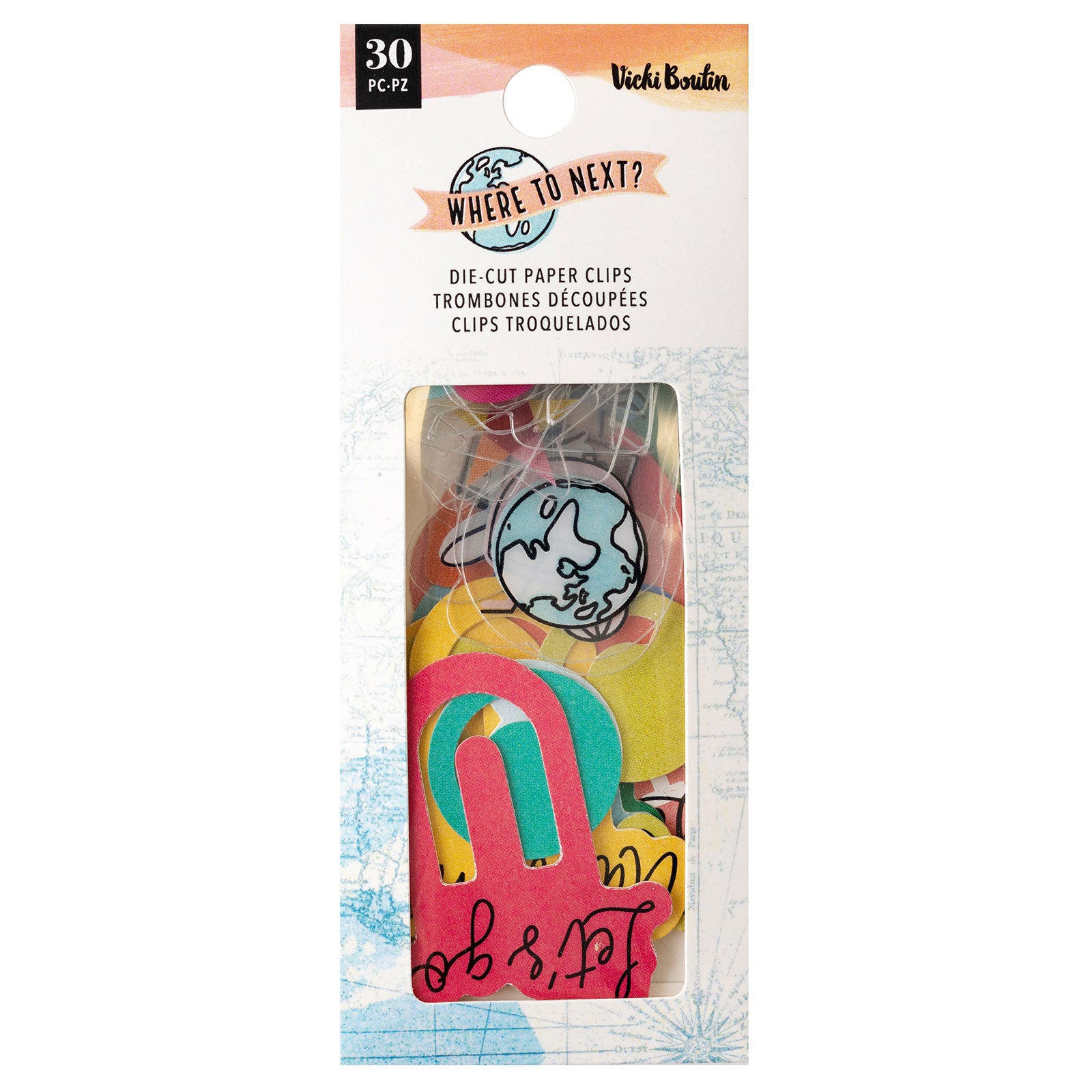 Front of packaging for Vicki Boutin Where to Next Die-Cut Paper Clips - 30 Piece
