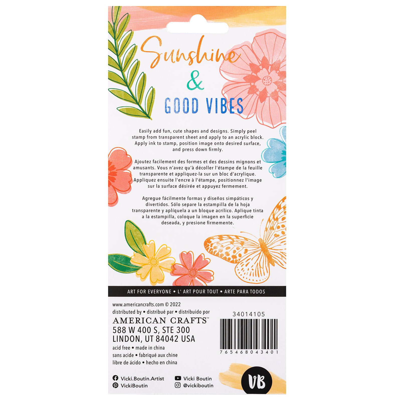 Back of packaging for American Crafts Vicki Boutin Where to Next Good Vibes Acrylic Stamps - 12 Piece
