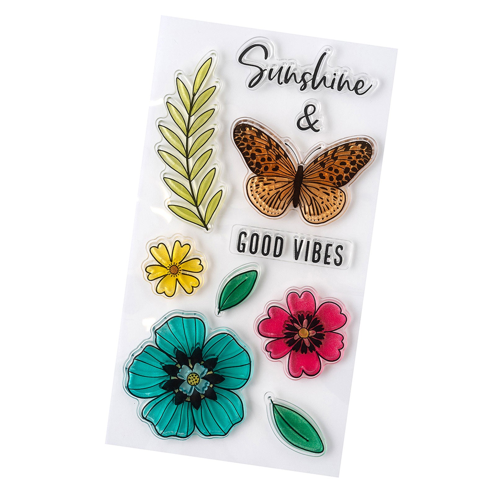 Close up of a few pieces from American Crafts Vicki Boutin Where to Next Good Vibes Acrylic Stamps - 12 Piece