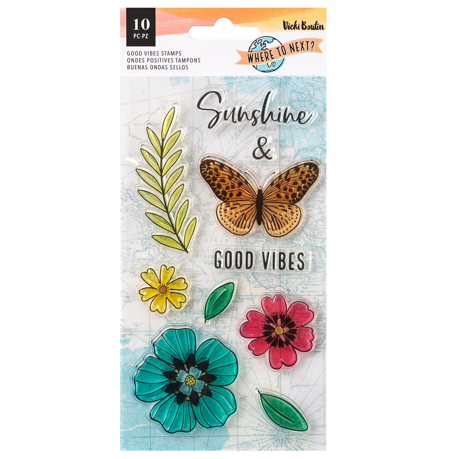 Front of packaging for American Crafts Vicki Boutin Where to Next Good Vibes Acrylic Stamps - 12 Piece