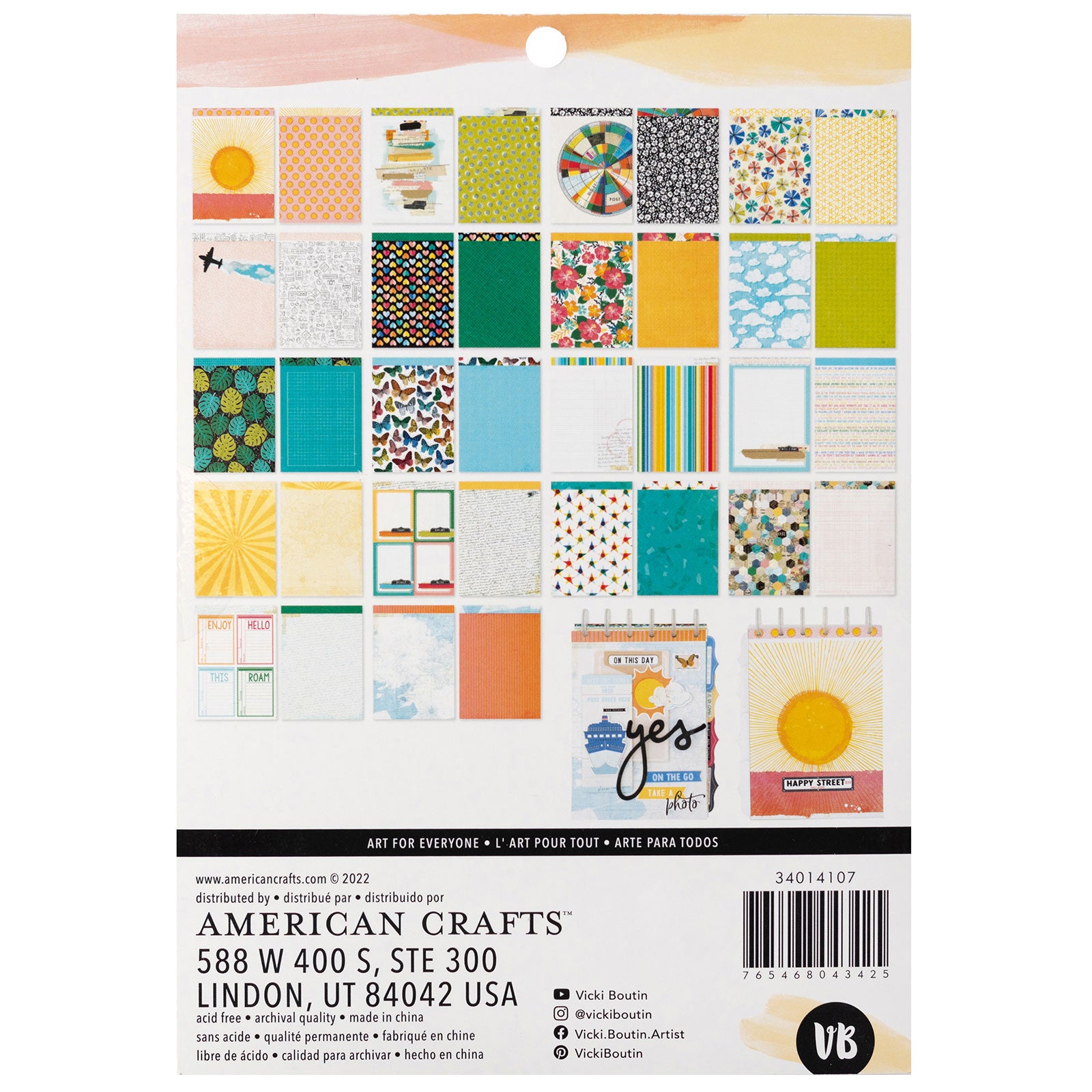 Back of packing for American Crafts Vicki Boutin Where to Next 6 x 8 Double-Sided Paper Pad - 36 Sheets