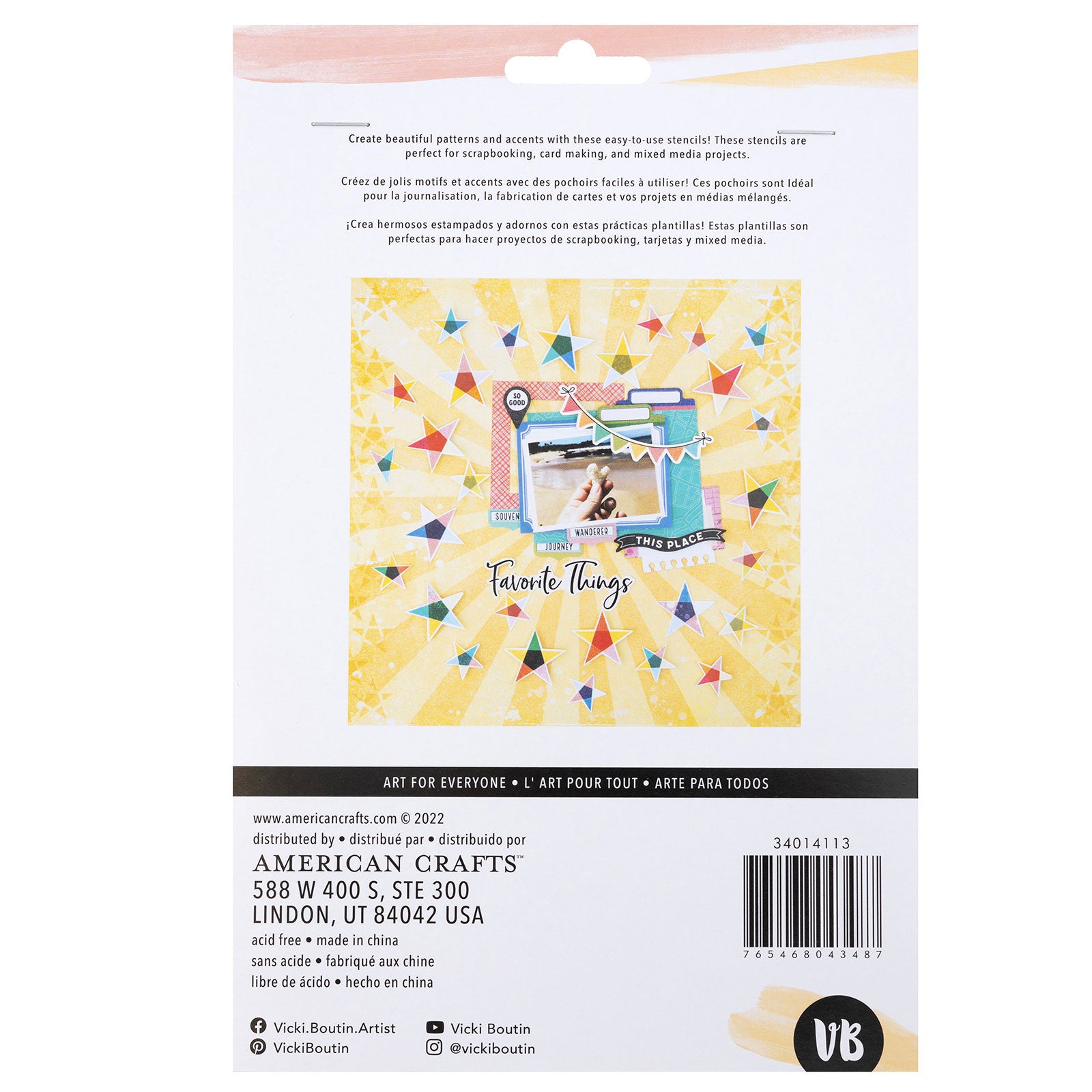 Back of packaging for American Crafts Vicki Boutin Where to Next Little Getaway Stencil Pack - 3 Piece