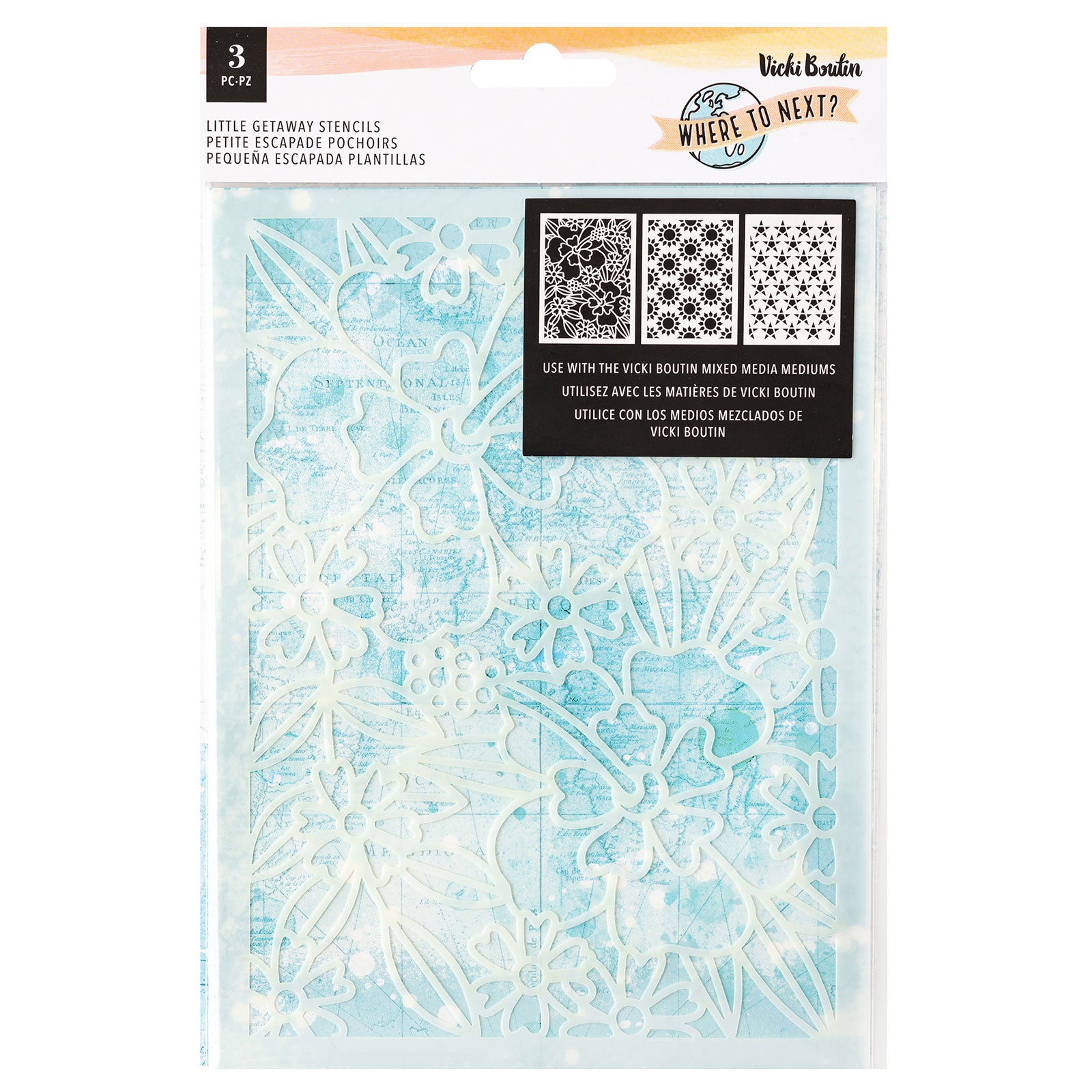 Front of packaging for American Crafts Vicki Boutin Where to Next Little Getaway Stencil Pack - 3 Piece
