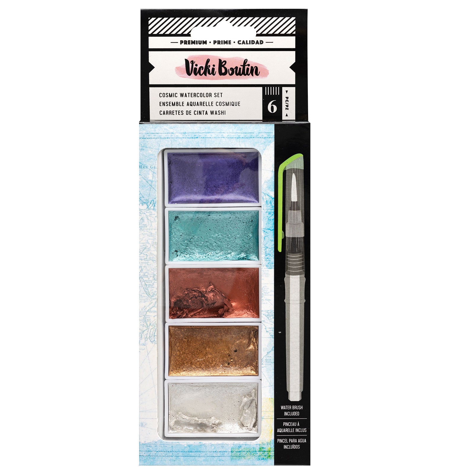 Front of packaging for American Crafts Vicki Boutin Hidden Gems Cosmic Watercolor Set - 6 Piece