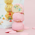 Load image into Gallery viewer, Finished AC Sweetshop 10 oz Pastel Rainbow Edible Cookie Dough dipped in pink chocolate
