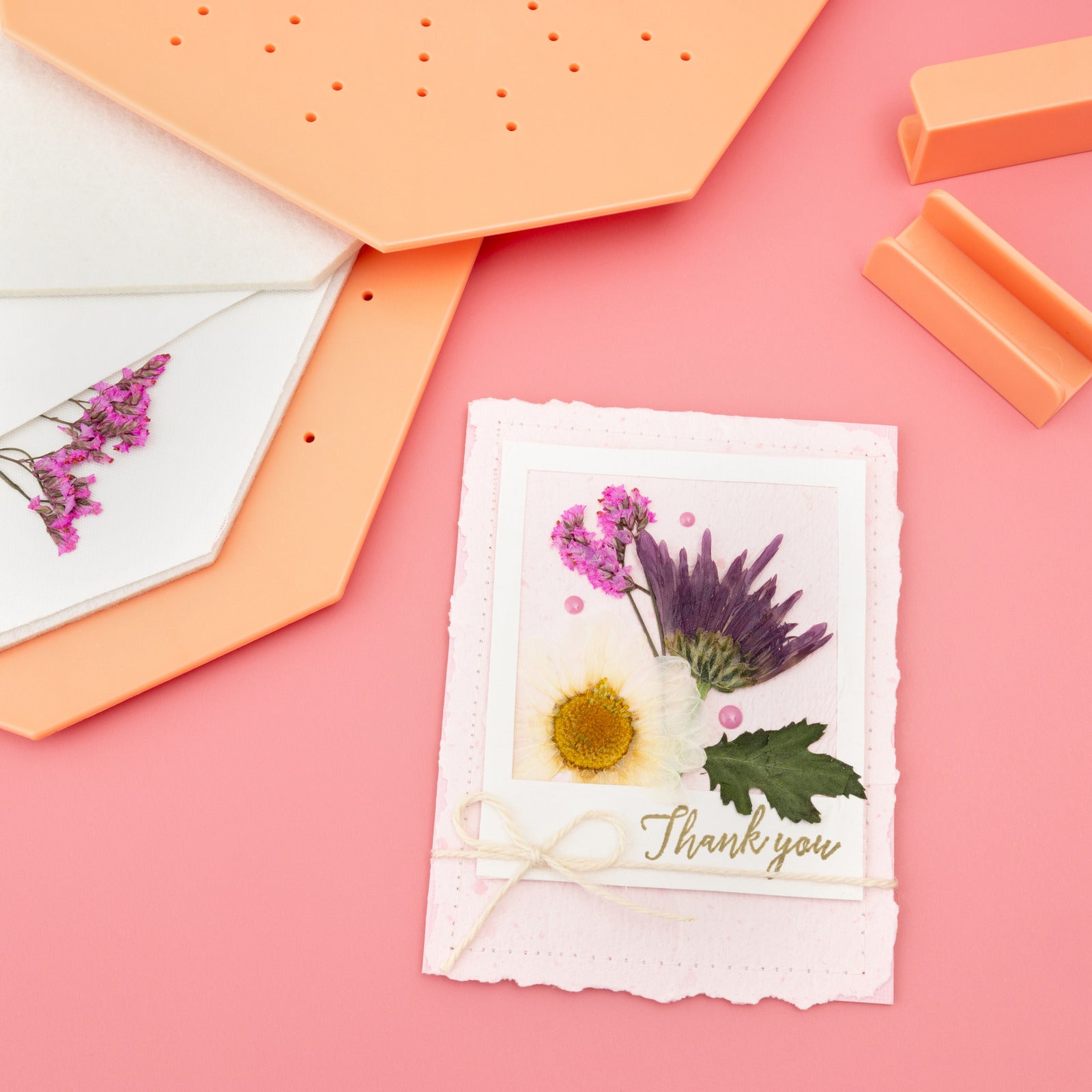 Pressed flower card next to American Crafts Quicksie Daisy Flower Press