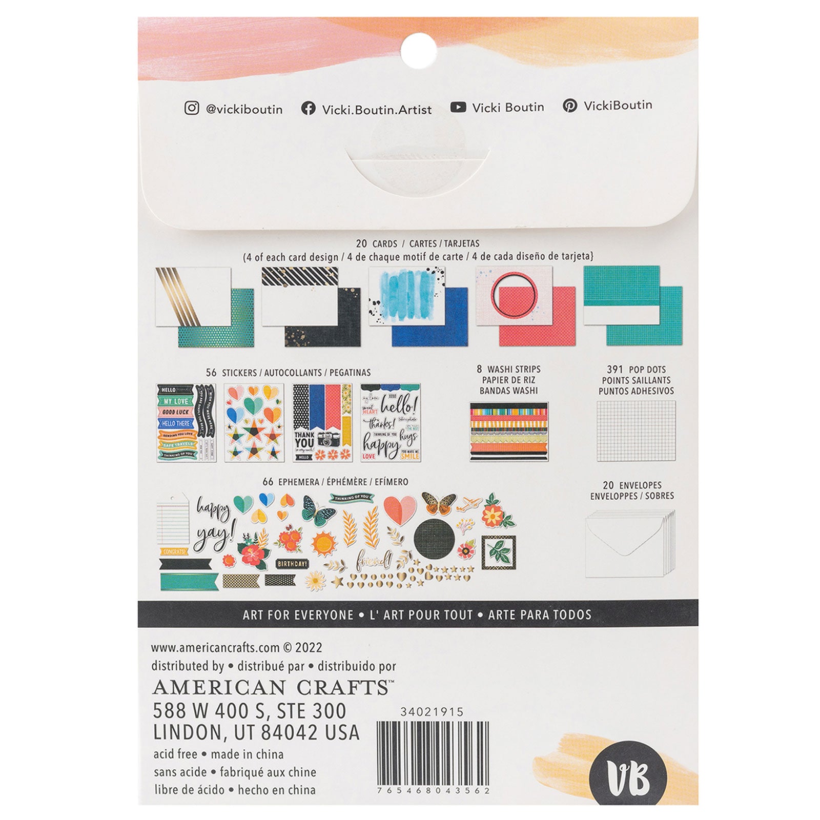 Back of packaging for American Crafts Vicki Boutin Where to Next Card Making Kit - 561 Piece