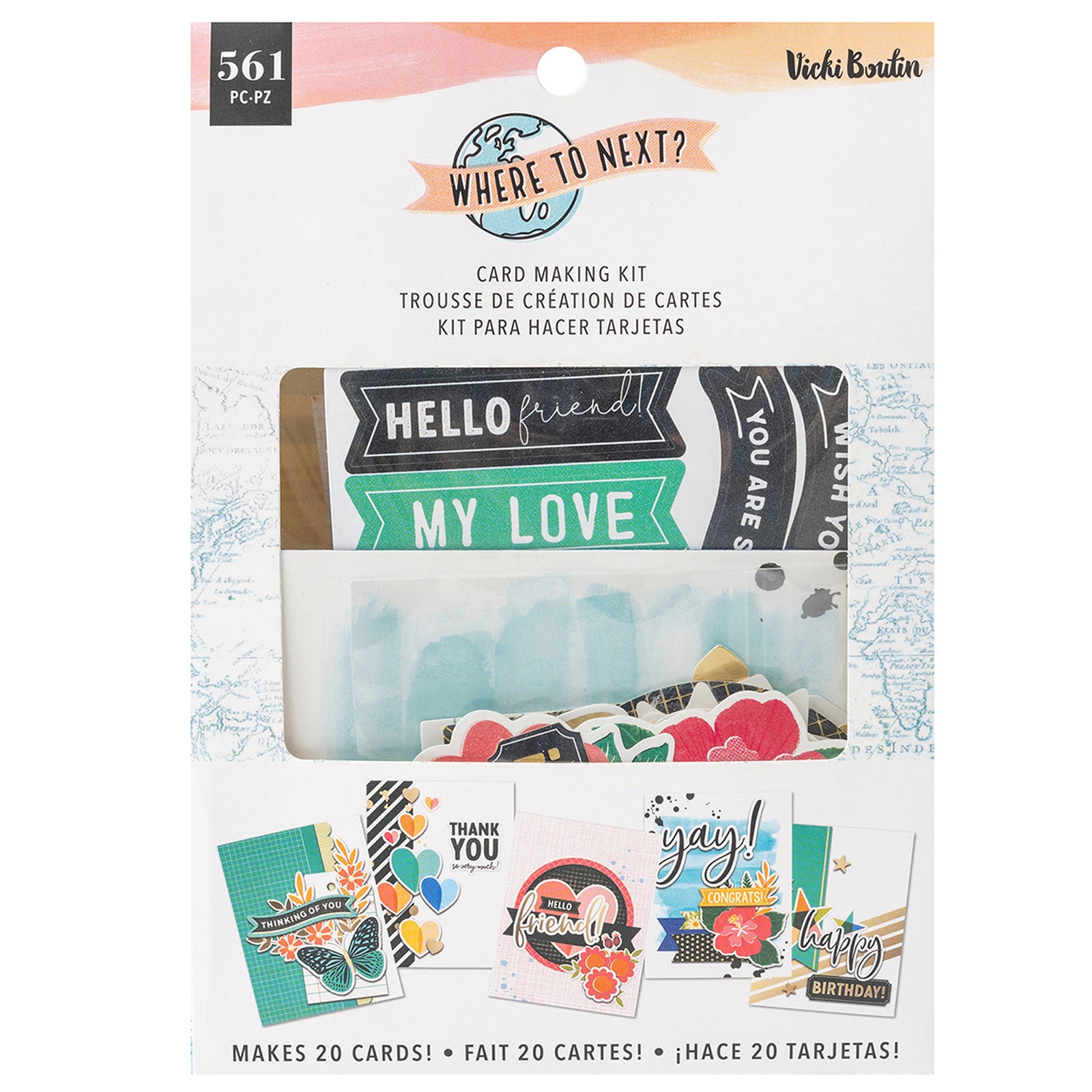 Front of packaging for American Crafts Vicki Boutin Where to Next Card Making Kit - 561 Piece