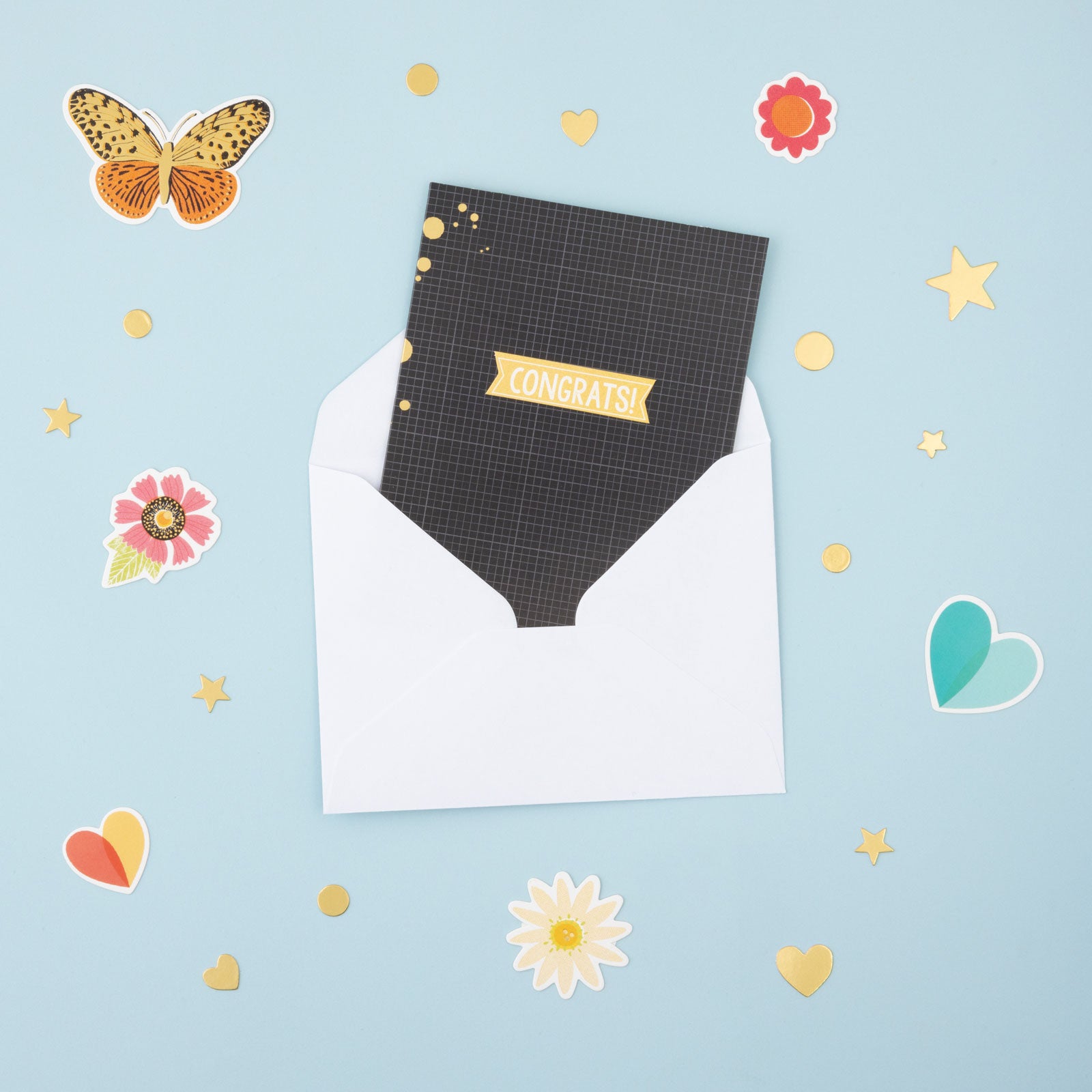 A lifestyle image of a card made from the American Crafts Vicki Boutin Where to Next Card Making Kit - 561 Piece