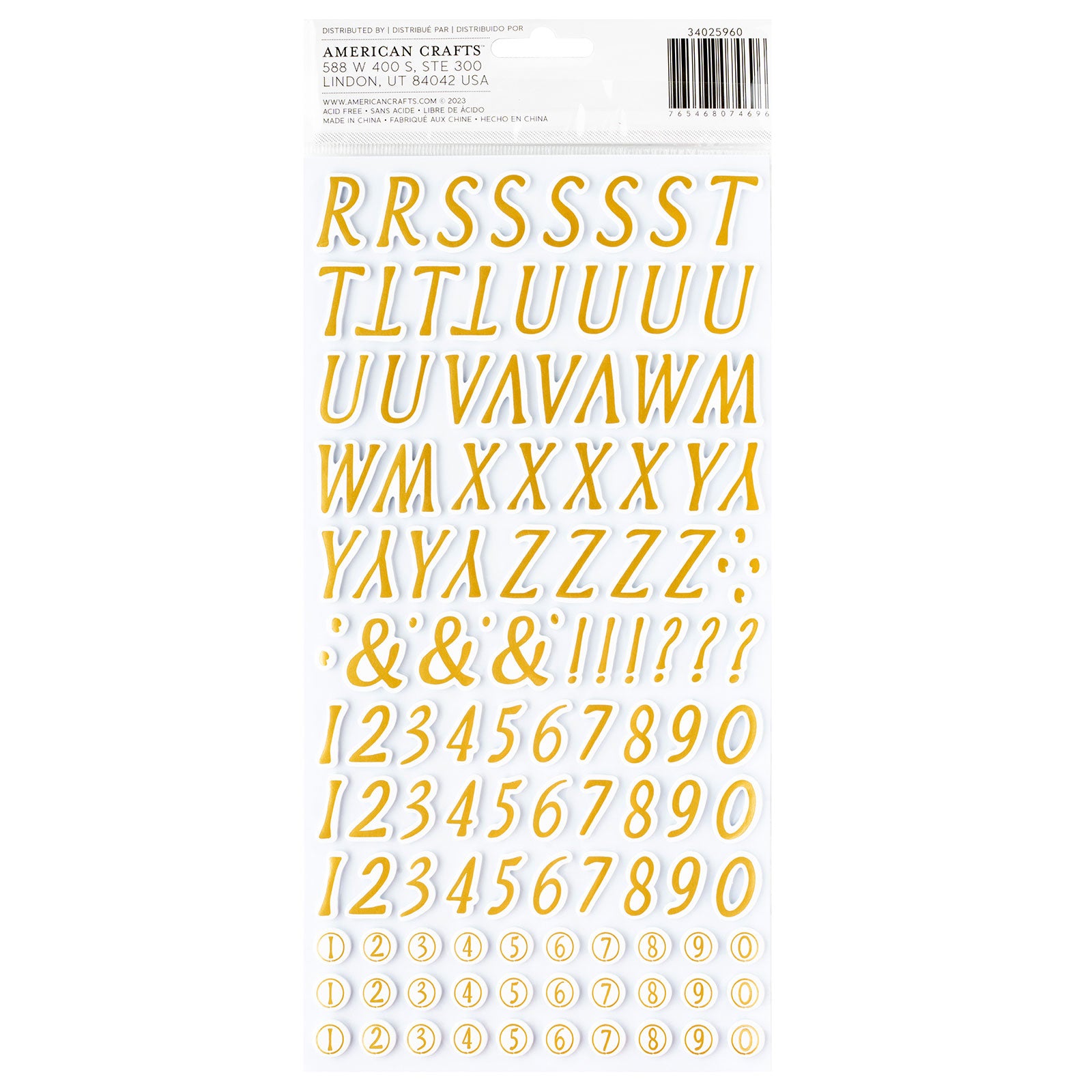 Back of packaging for American Crafts A Perfect Match Thicker Alphabet Gold Stickers - 200 Piece