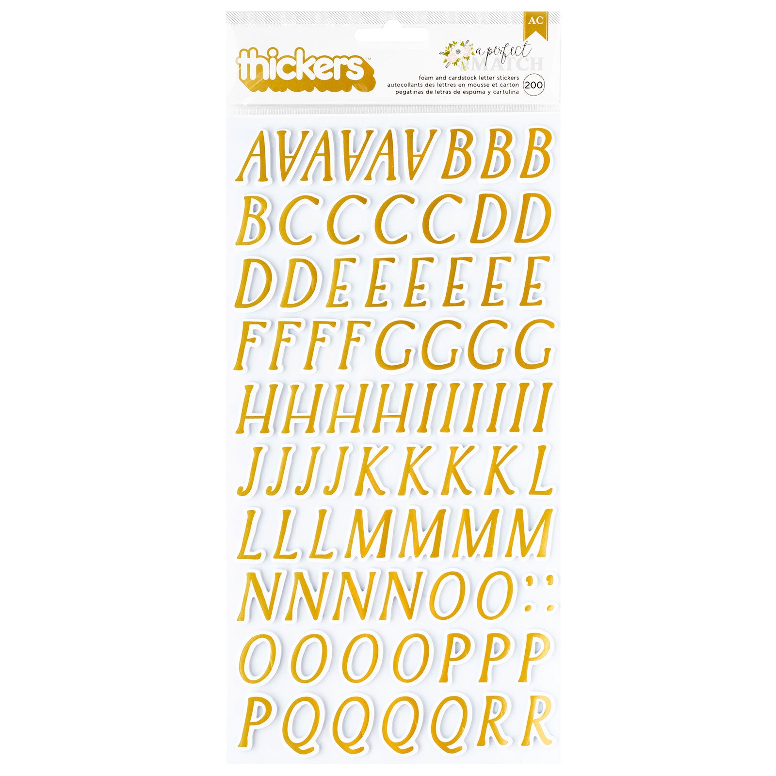 Front of packaging for American Crafts A Perfect Match Thicker Alphabet Gold Stickers - 200 Piece