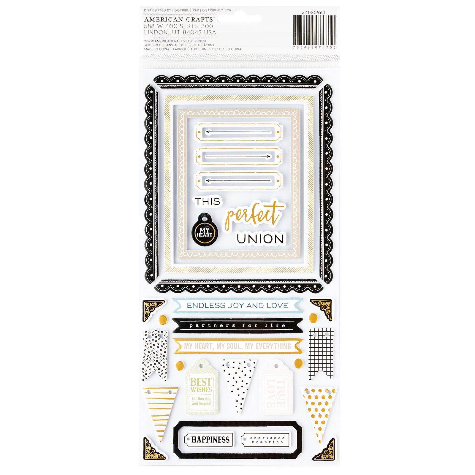 Back of packaging for American Crafts A Perfect Match Thicker Phrase Stickers - 91 Piece
