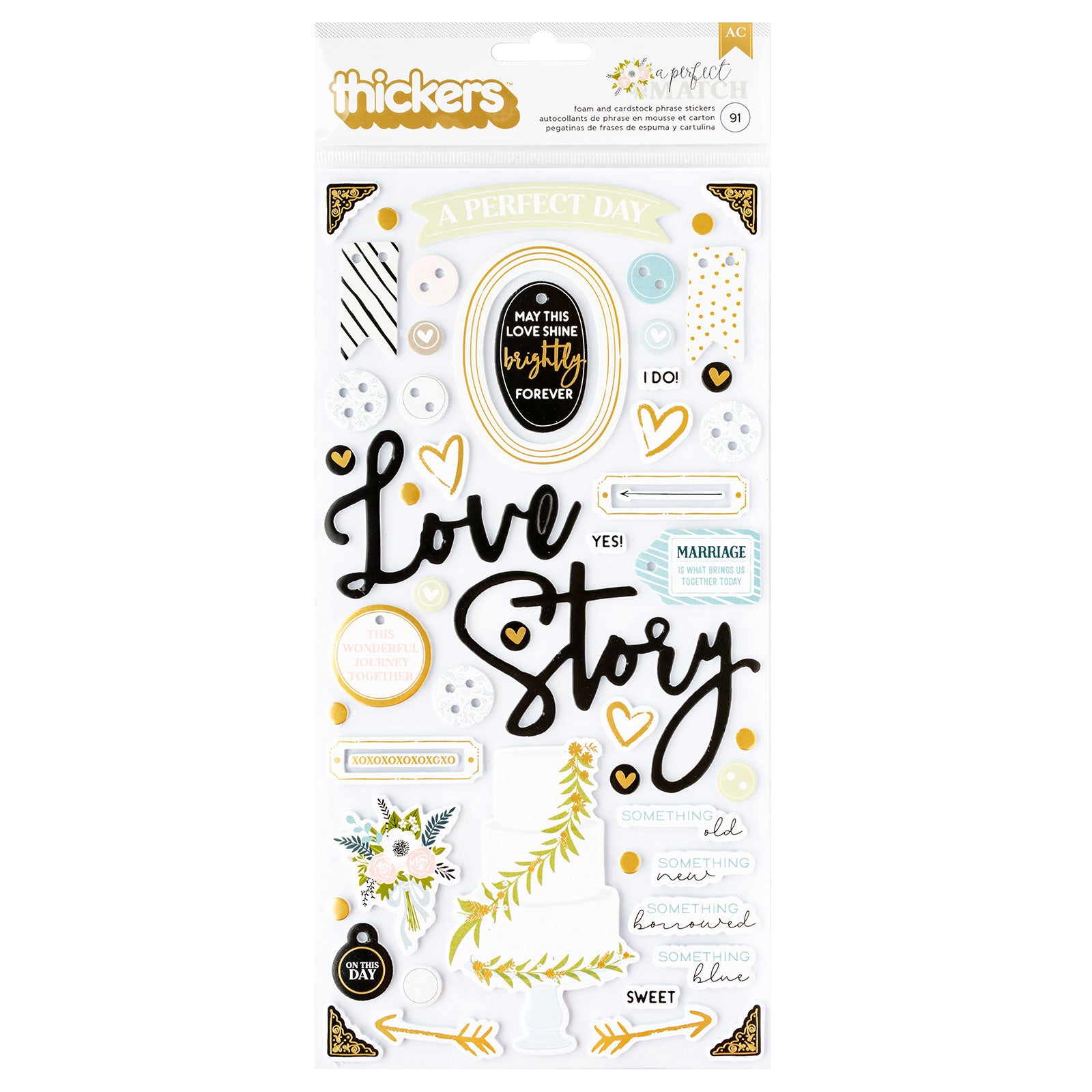 Front of packaging for American Crafts A Perfect Match Thicker Phrase Stickers - 91 Piece