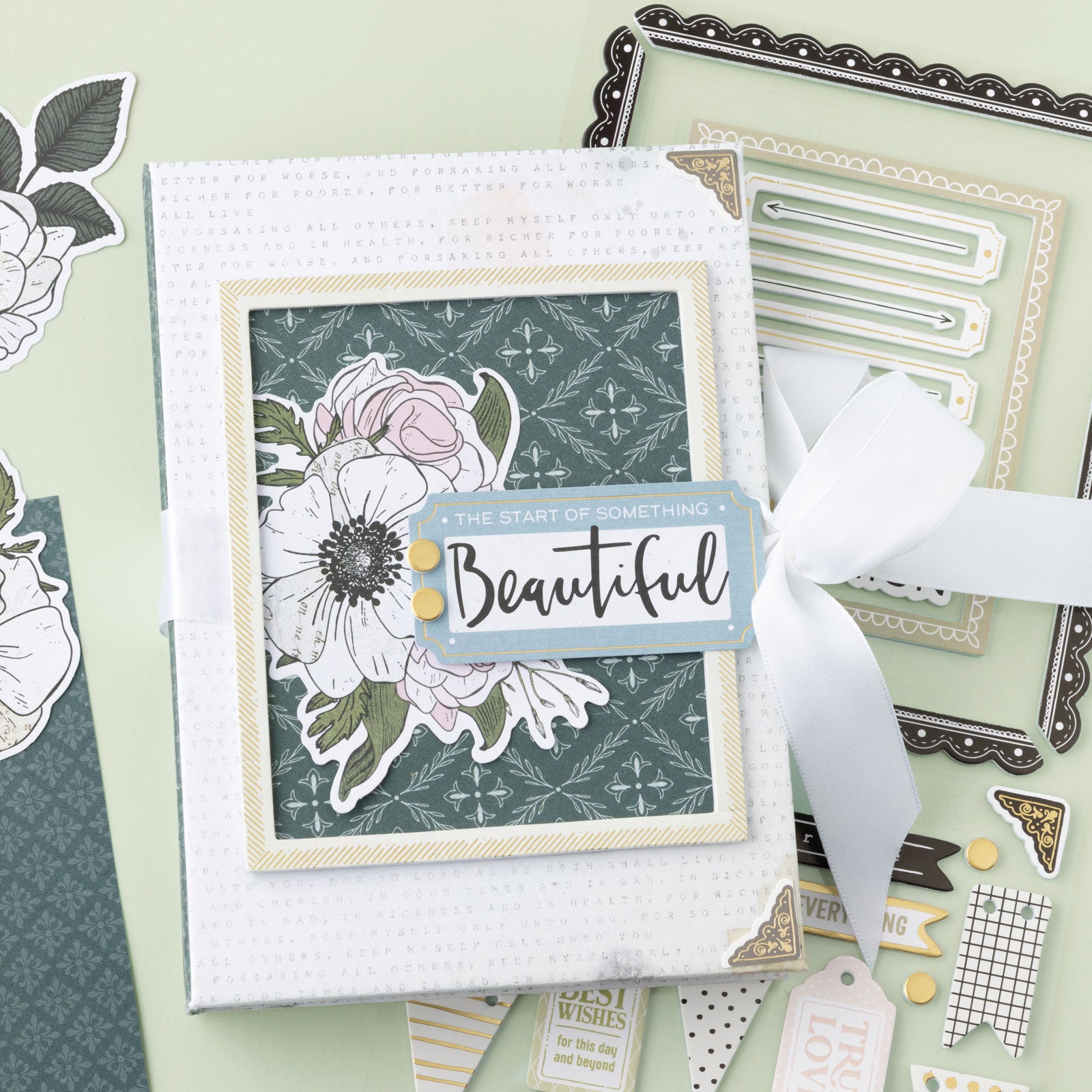 Lifestyle image of book craft that used the American Crafts A Perfect Match Thicker Phrase Stickers - 91 Piece