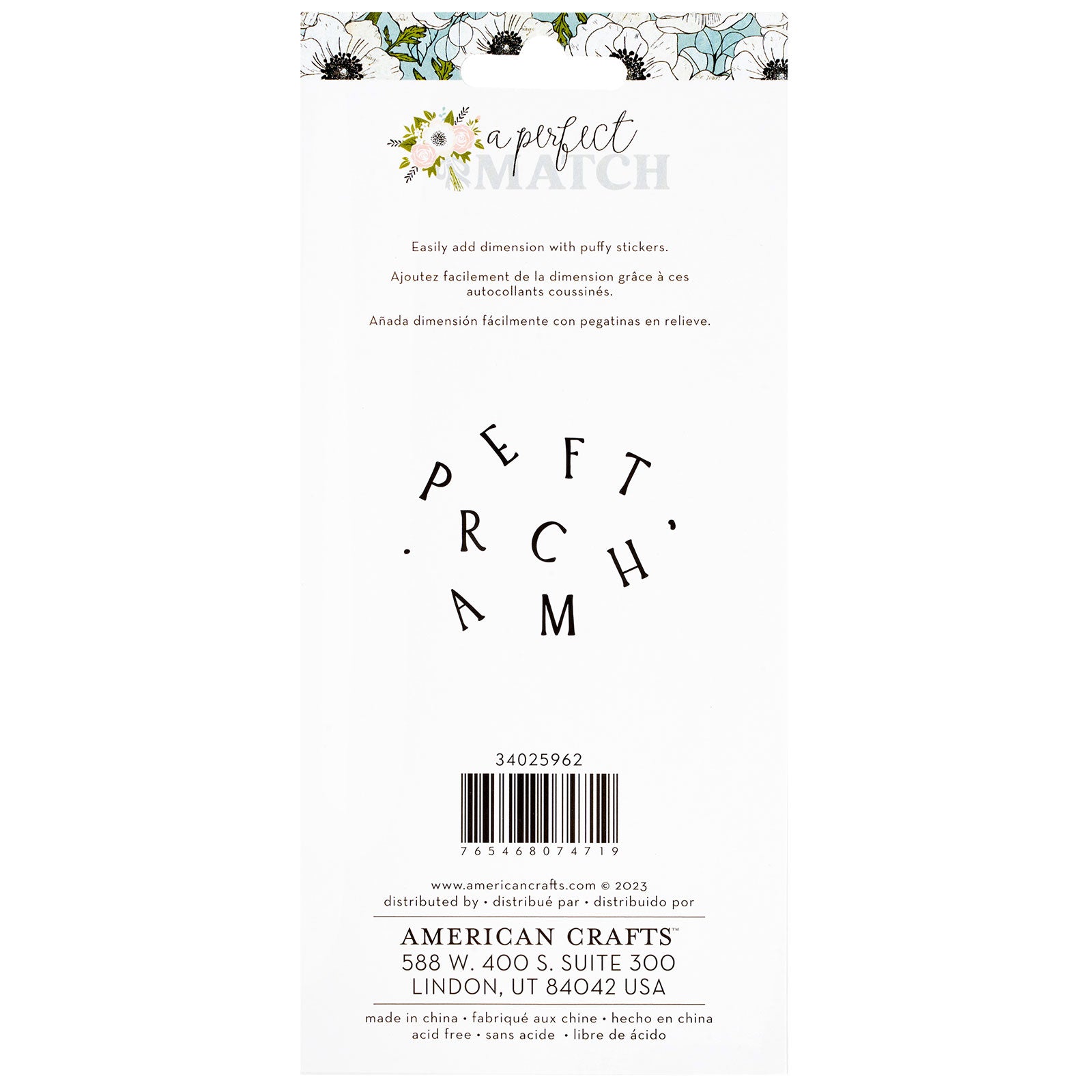 Back of packing for American Crafts A Perfect Match Alphabet Stickers - 130 Piece