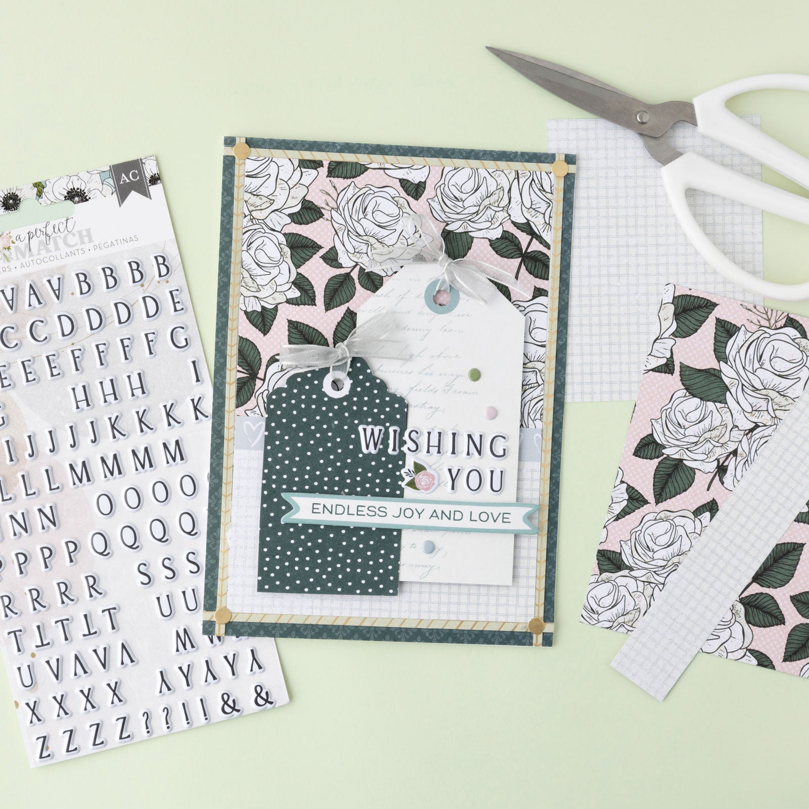 Lifestyle image of card that used the American Crafts A Perfect Match Alphabet Stickers - 130 Piece