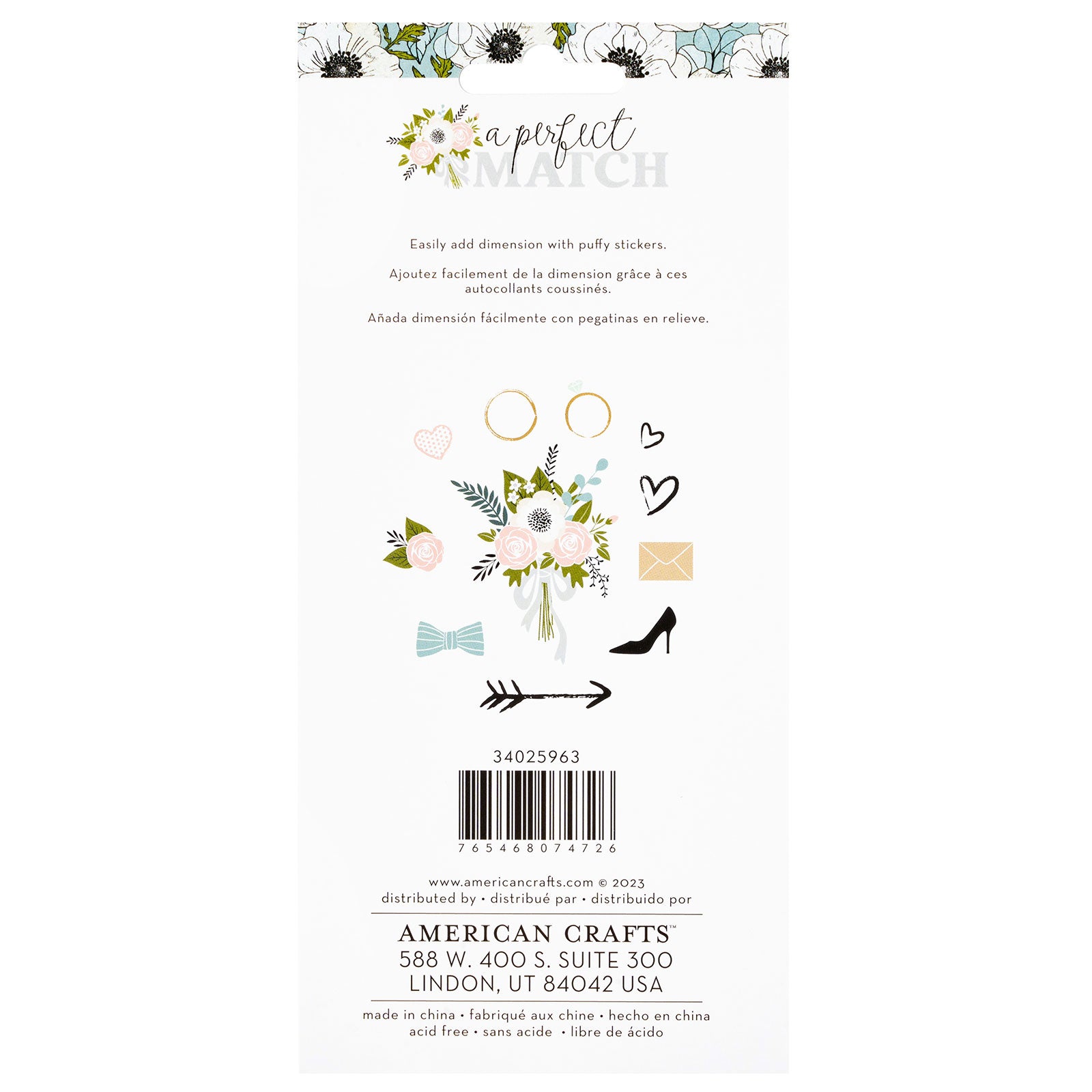 Back of packaging for American Crafts A Perfect Match Icon Stickers - 55 Piece