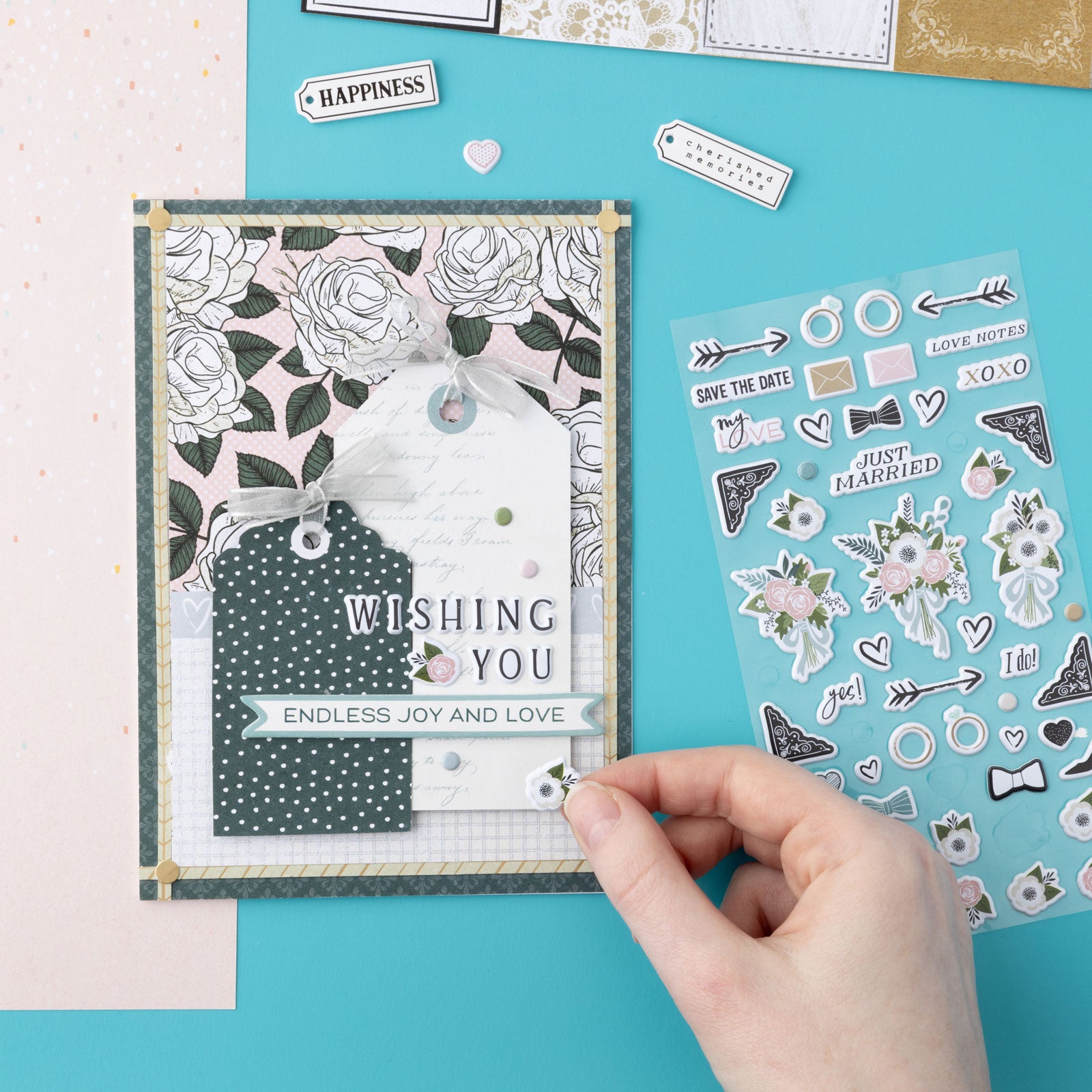 Lifestyle image of card craft with the American Crafts A Perfect Match Icon Stickers - 55 Piece