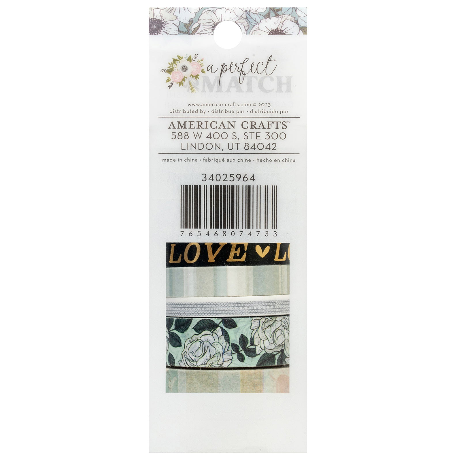 Back of packaging for American Crafts A Perfect Match Washi Tape - 8 Pack